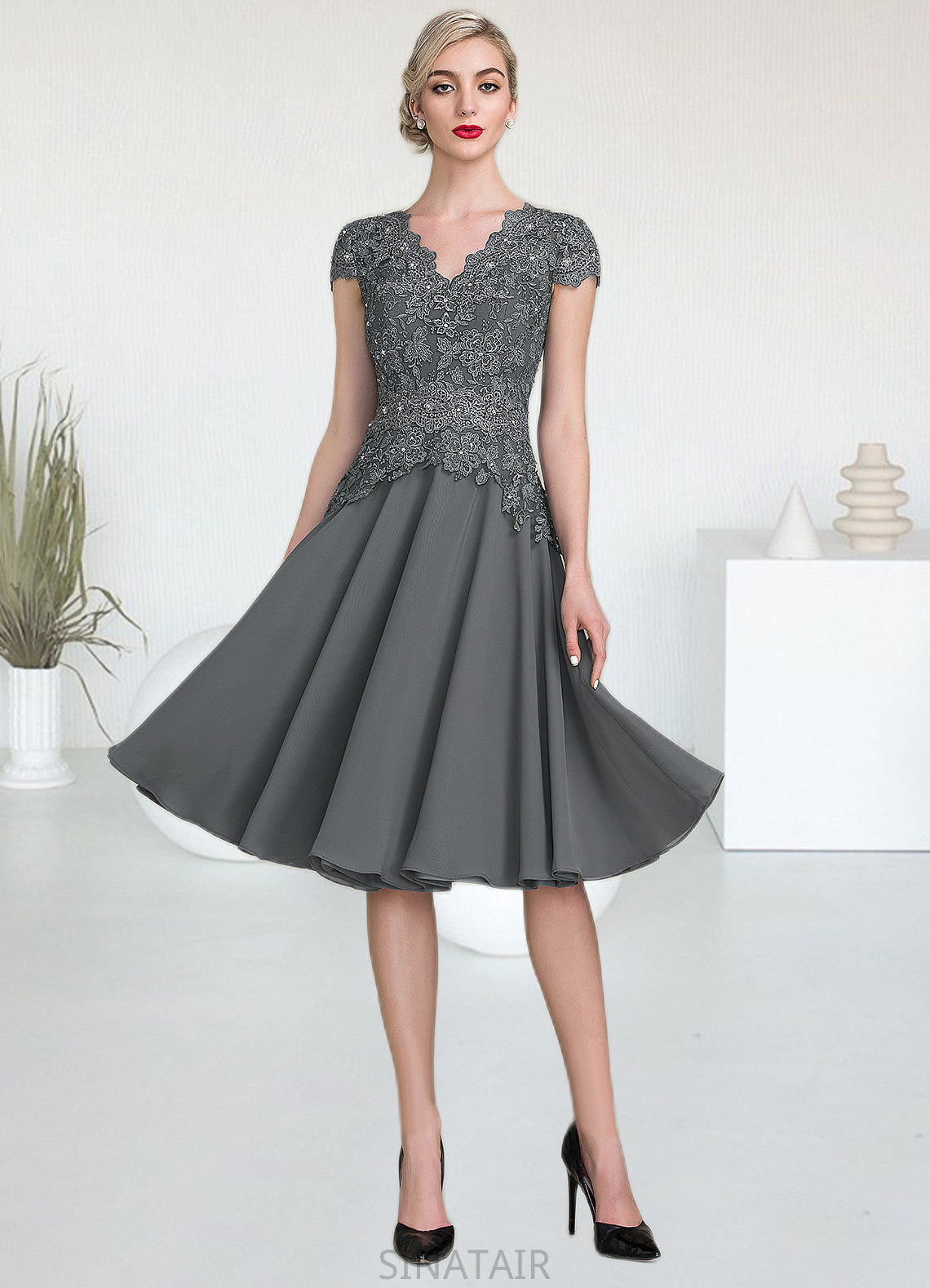 Lucile A-Line V-neck Knee-Length Mother of the Bride Dress With Beading DH126P0014965