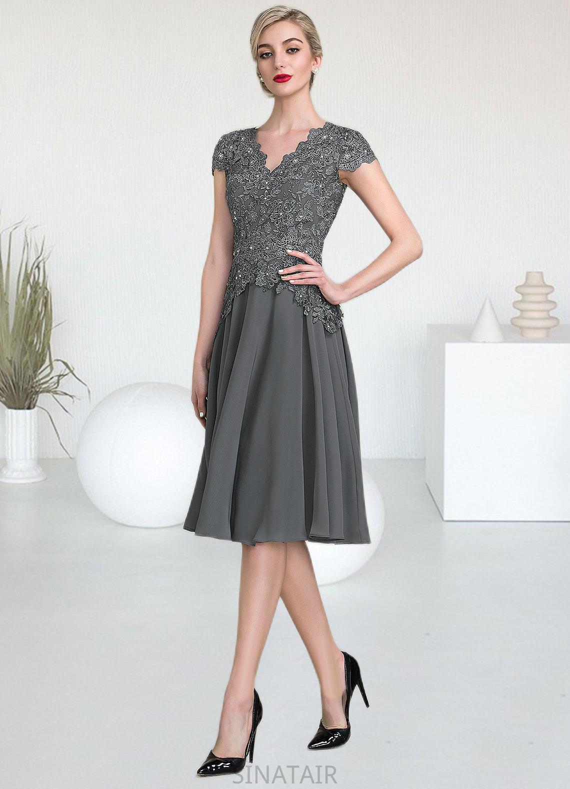 Lucile A-Line V-neck Knee-Length Mother of the Bride Dress With Beading DH126P0014965