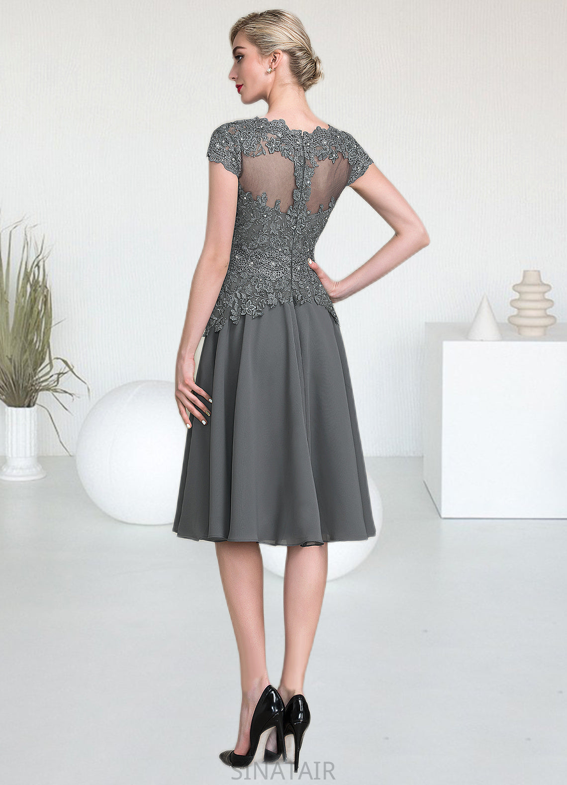 Lucile A-Line V-neck Knee-Length Mother of the Bride Dress With Beading DH126P0014965