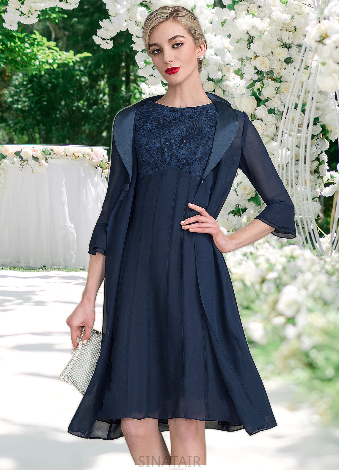 Stephany A-Line Scoop Neck Knee-Length Chiffon Lace Mother of the Bride Dress With Ruffle DH126P0014966