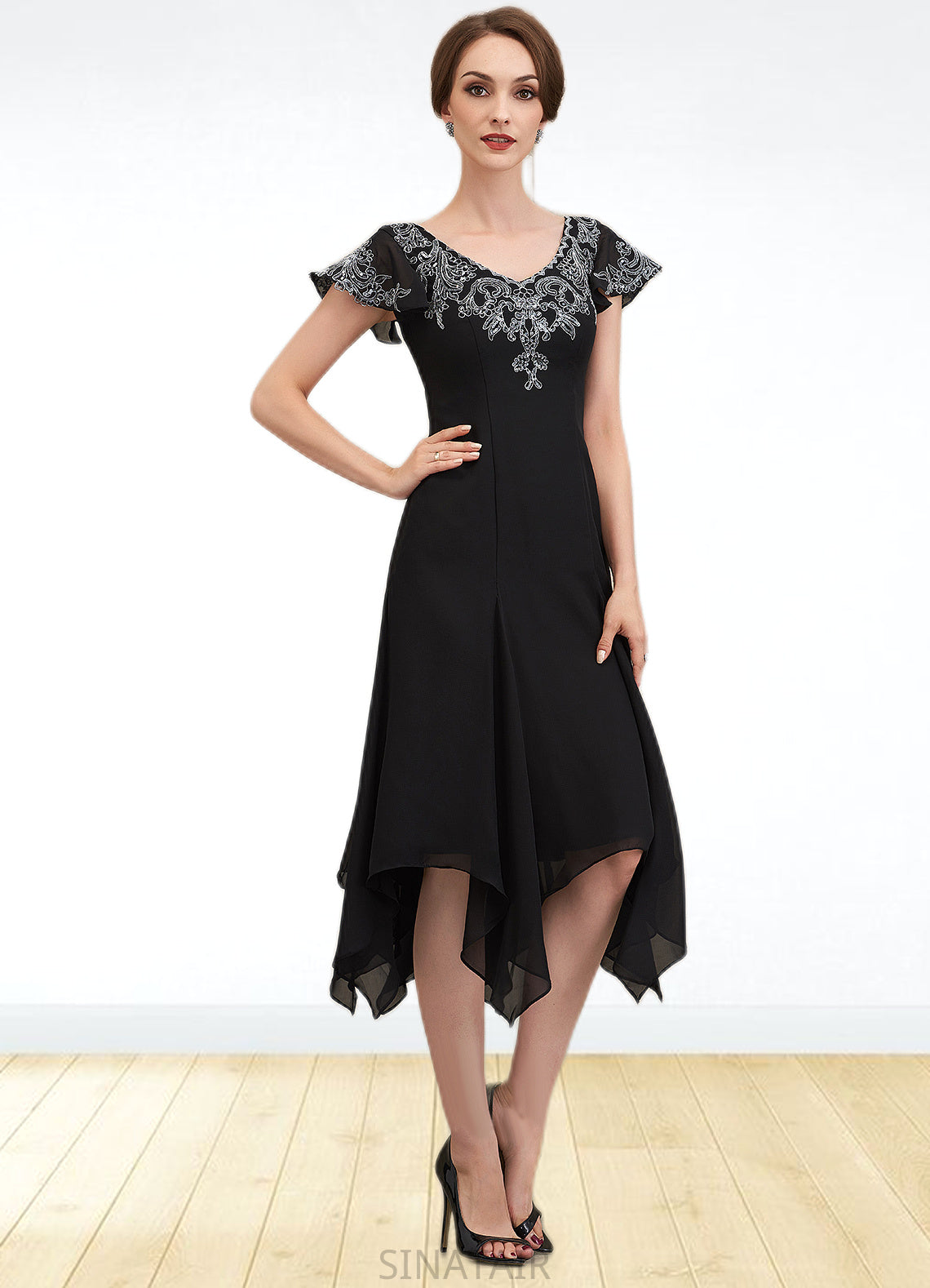 Helga A-Line V-neck Tea-Length Chiffon Lace Mother of the Bride Dress With Sequins DH126P0014967