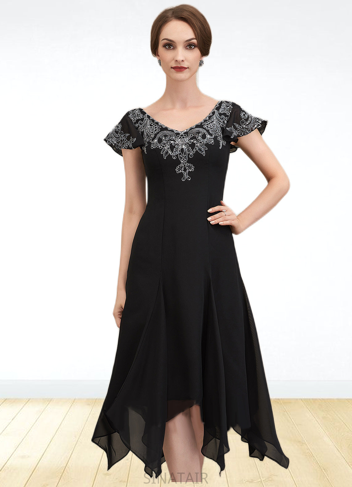 Helga A-Line V-neck Tea-Length Chiffon Lace Mother of the Bride Dress With Sequins DH126P0014967