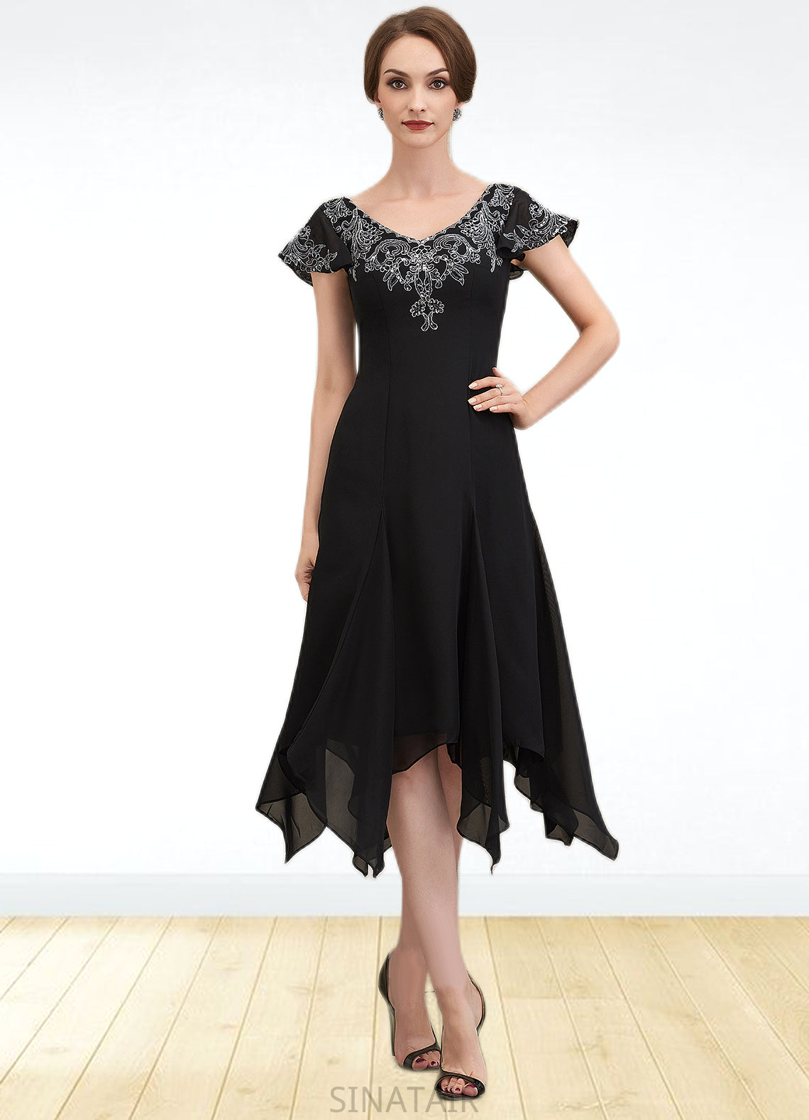 Helga A-Line V-neck Tea-Length Chiffon Lace Mother of the Bride Dress With Sequins DH126P0014967