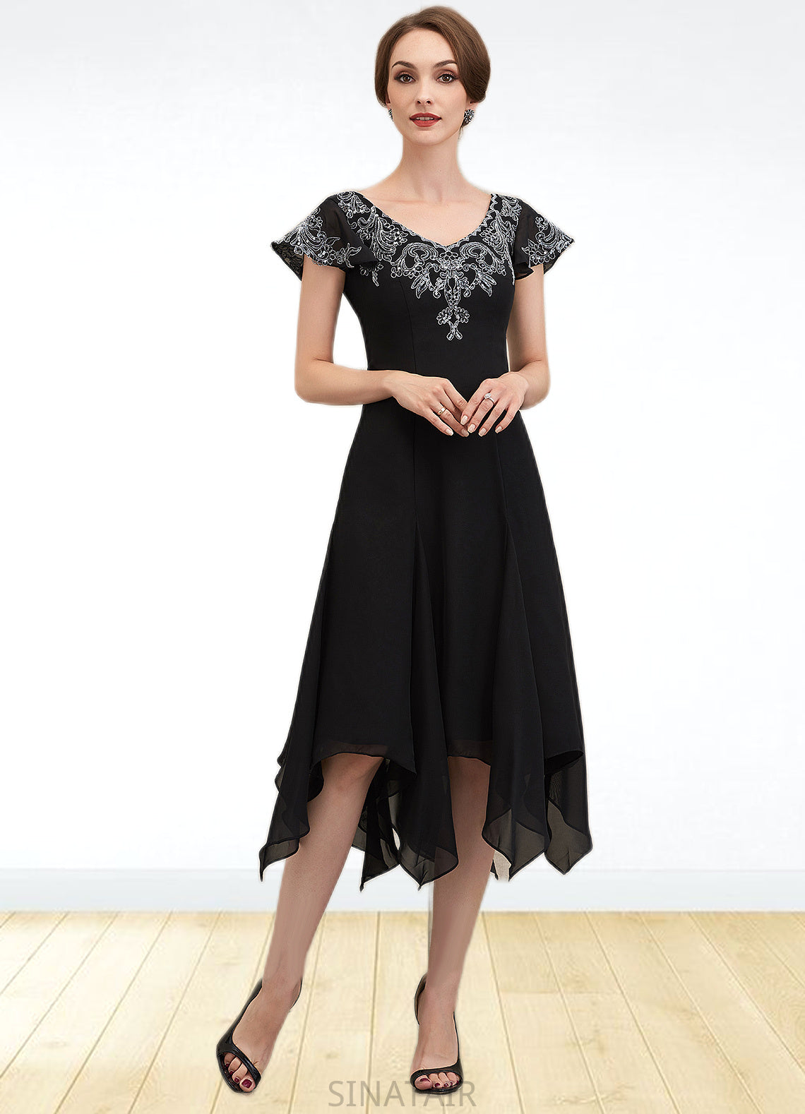 Helga A-Line V-neck Tea-Length Chiffon Lace Mother of the Bride Dress With Sequins DH126P0014967