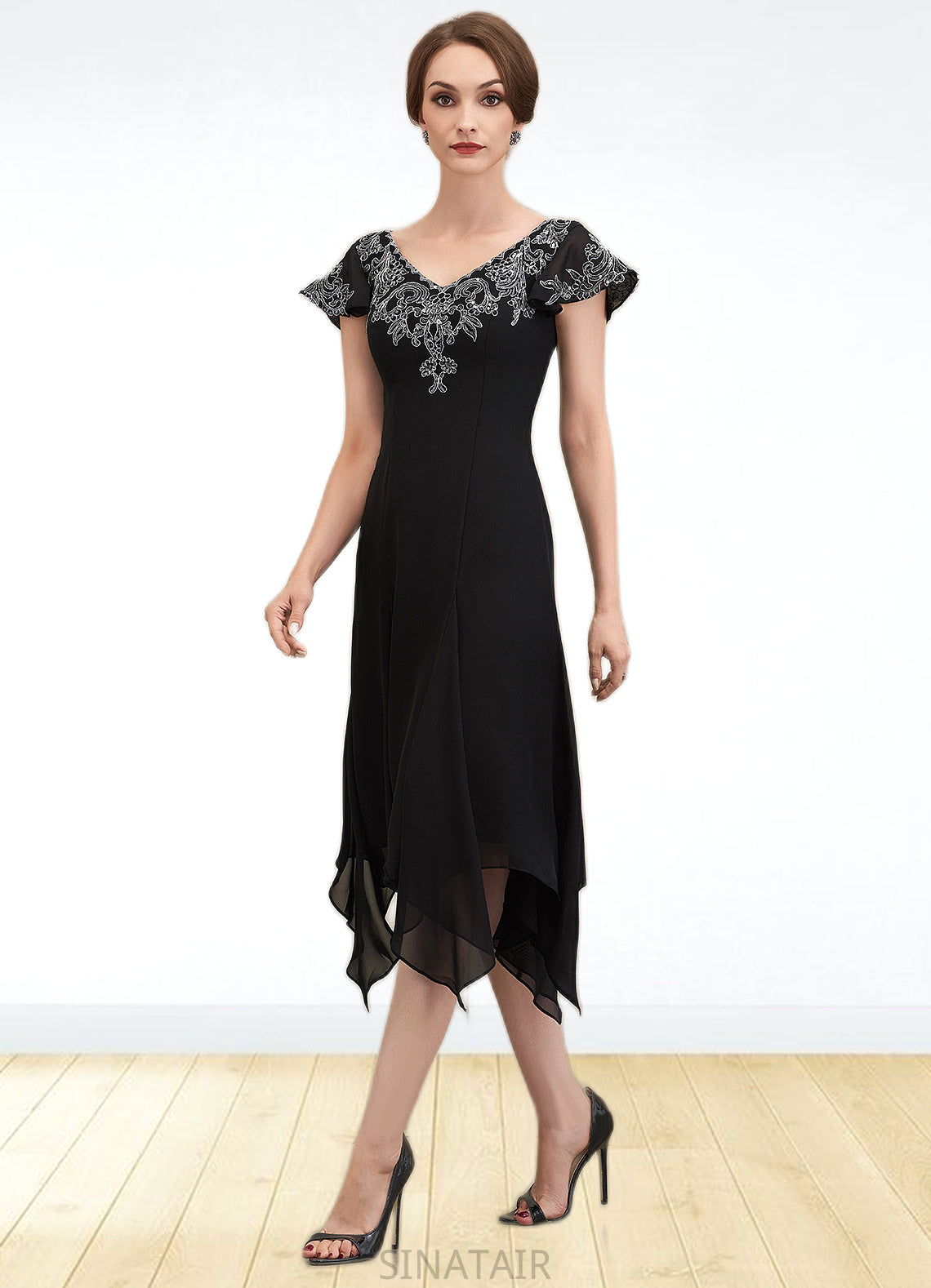 Helga A-Line V-neck Tea-Length Chiffon Lace Mother of the Bride Dress With Sequins DH126P0014967