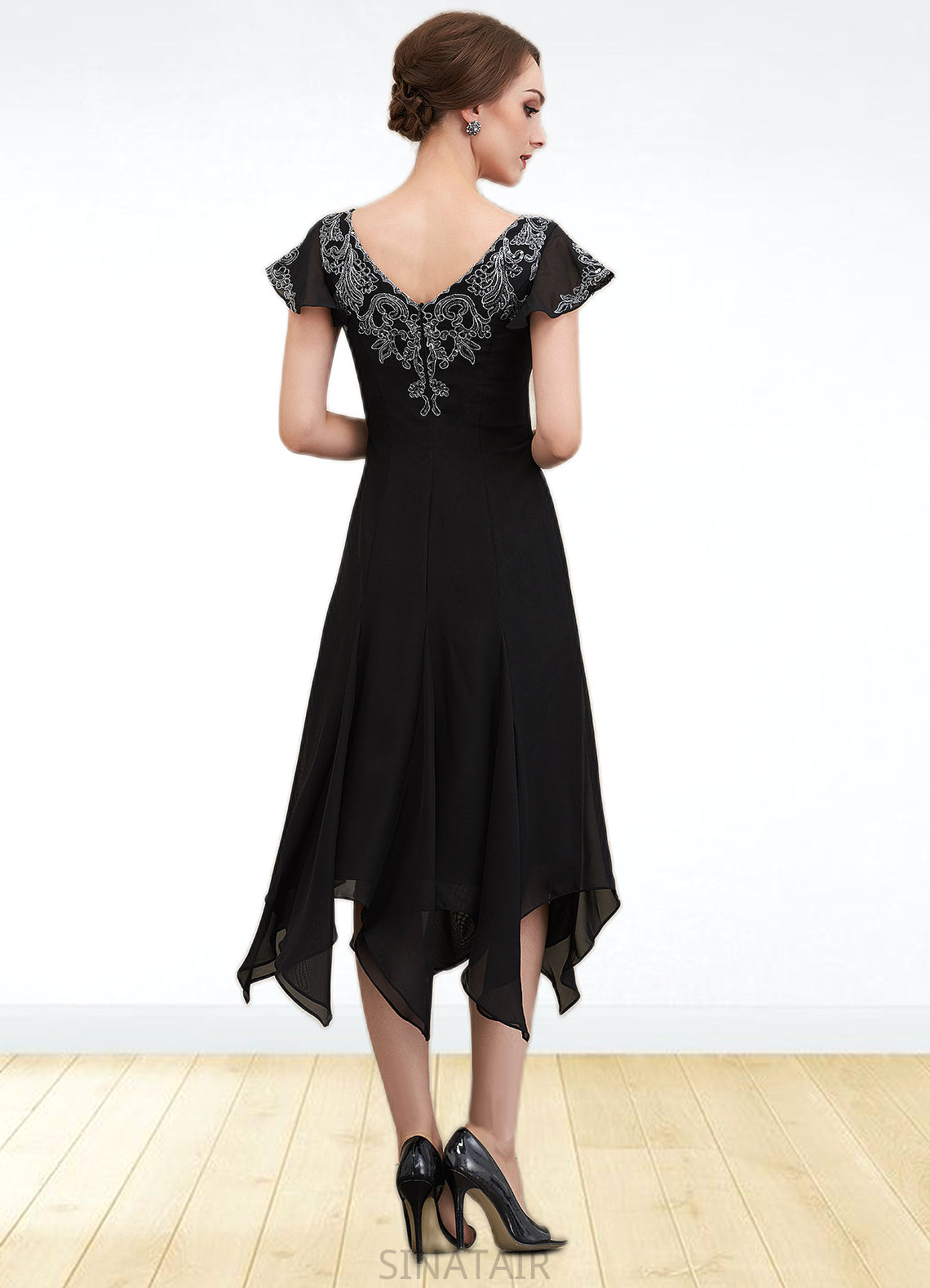 Helga A-Line V-neck Tea-Length Chiffon Lace Mother of the Bride Dress With Sequins DH126P0014967