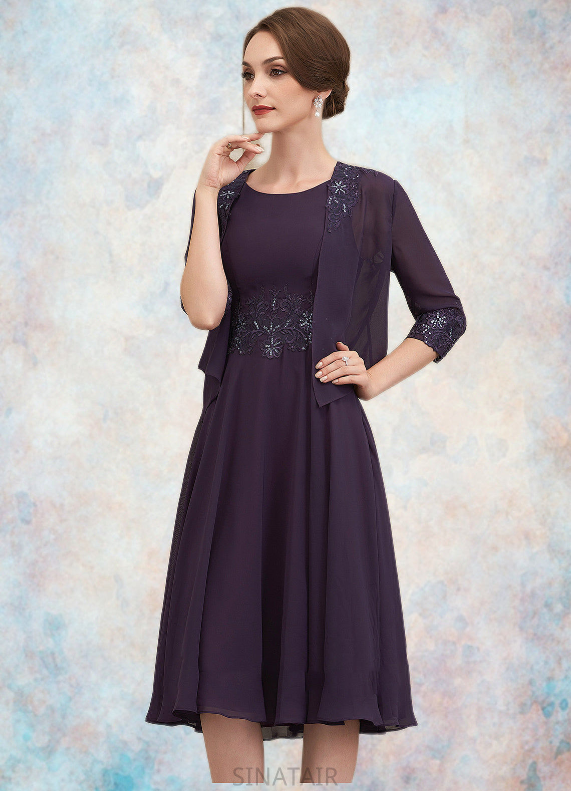 Carolyn A-Line Scoop Neck Knee-Length Chiffon Lace Mother of the Bride Dress With Sequins DH126P0014968