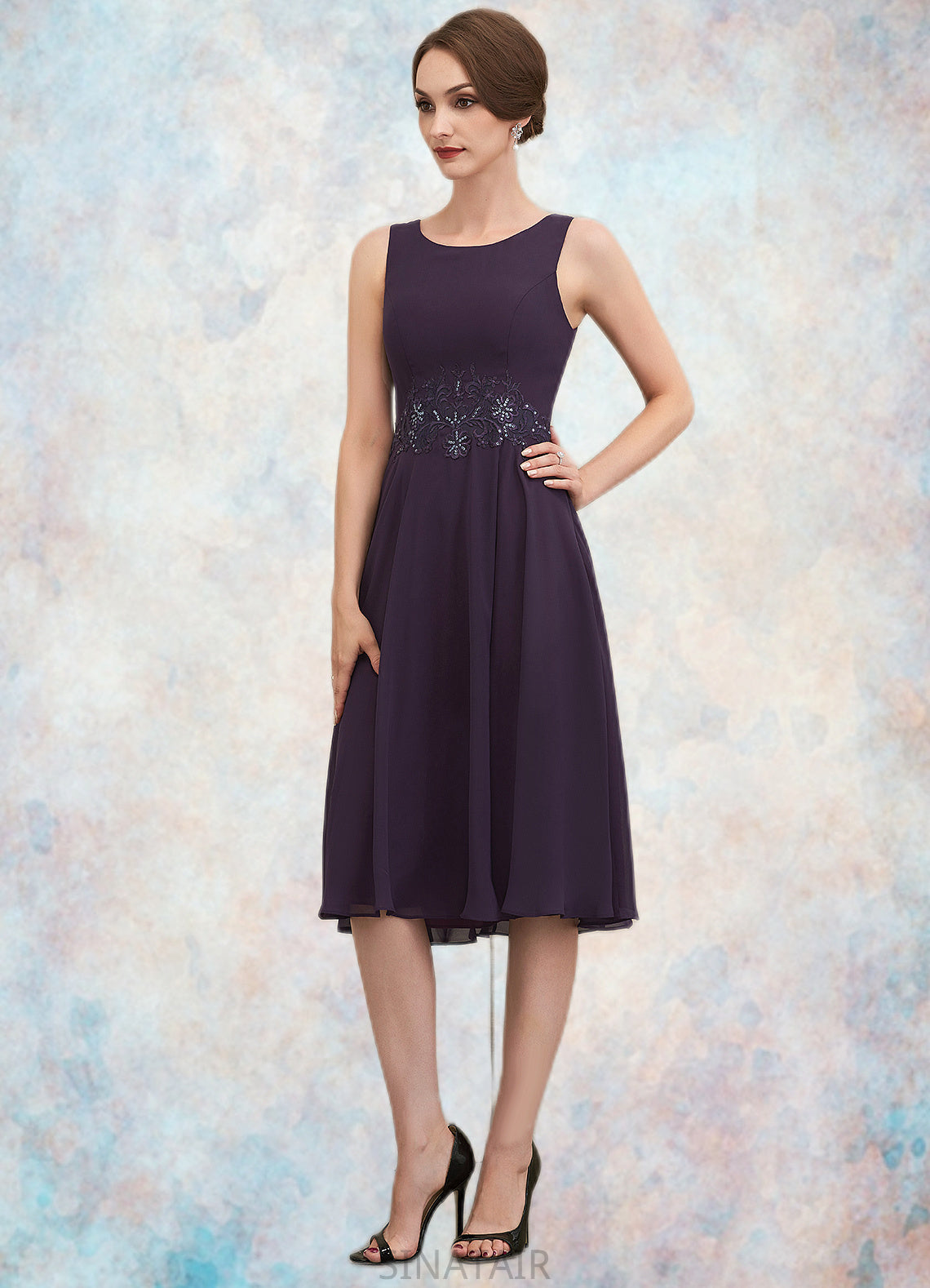 Carolyn A-Line Scoop Neck Knee-Length Chiffon Lace Mother of the Bride Dress With Sequins DH126P0014968