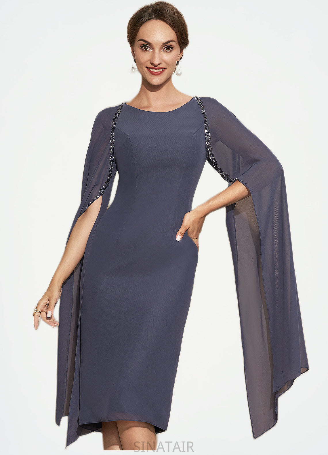 Madilynn Sheath/Column Scoop Neck Knee-Length Chiffon Mother of the Bride Dress With Beading DH126P0014969