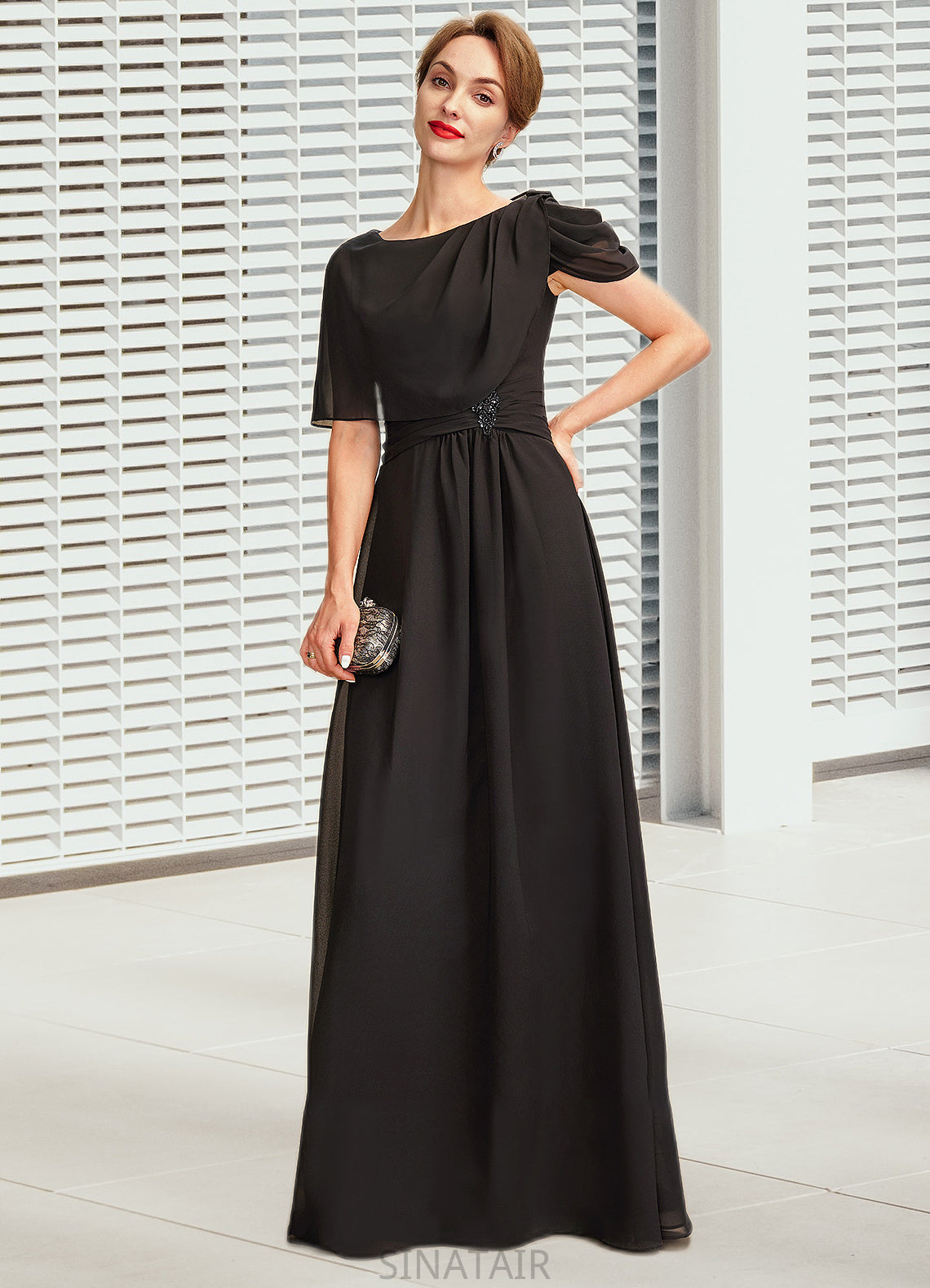 Hanna A-Line Scoop Neck Floor-Length Chiffon Mother of the Bride Dress With Ruffle Beading DH126P0014970