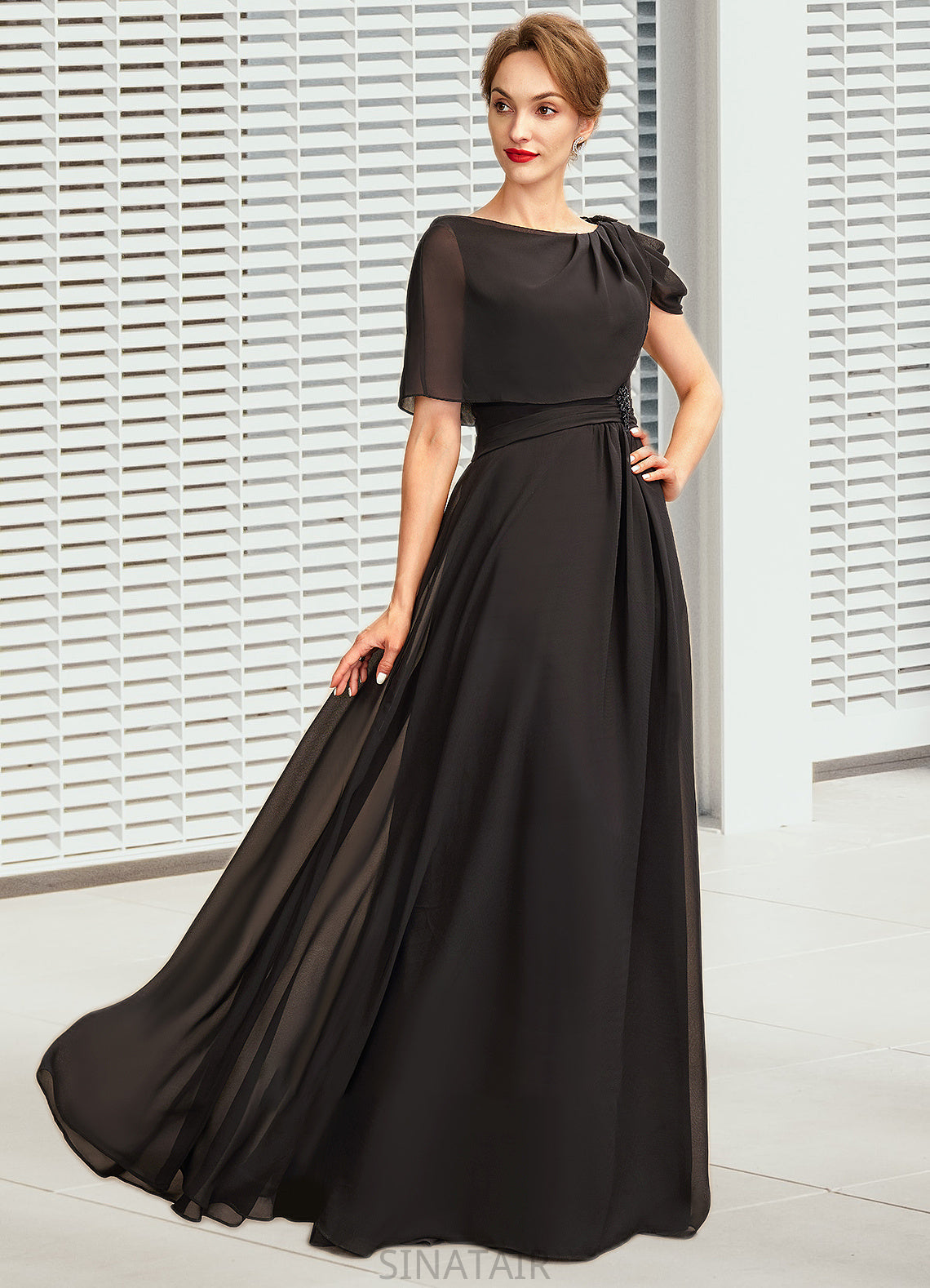 Hanna A-Line Scoop Neck Floor-Length Chiffon Mother of the Bride Dress With Ruffle Beading DH126P0014970