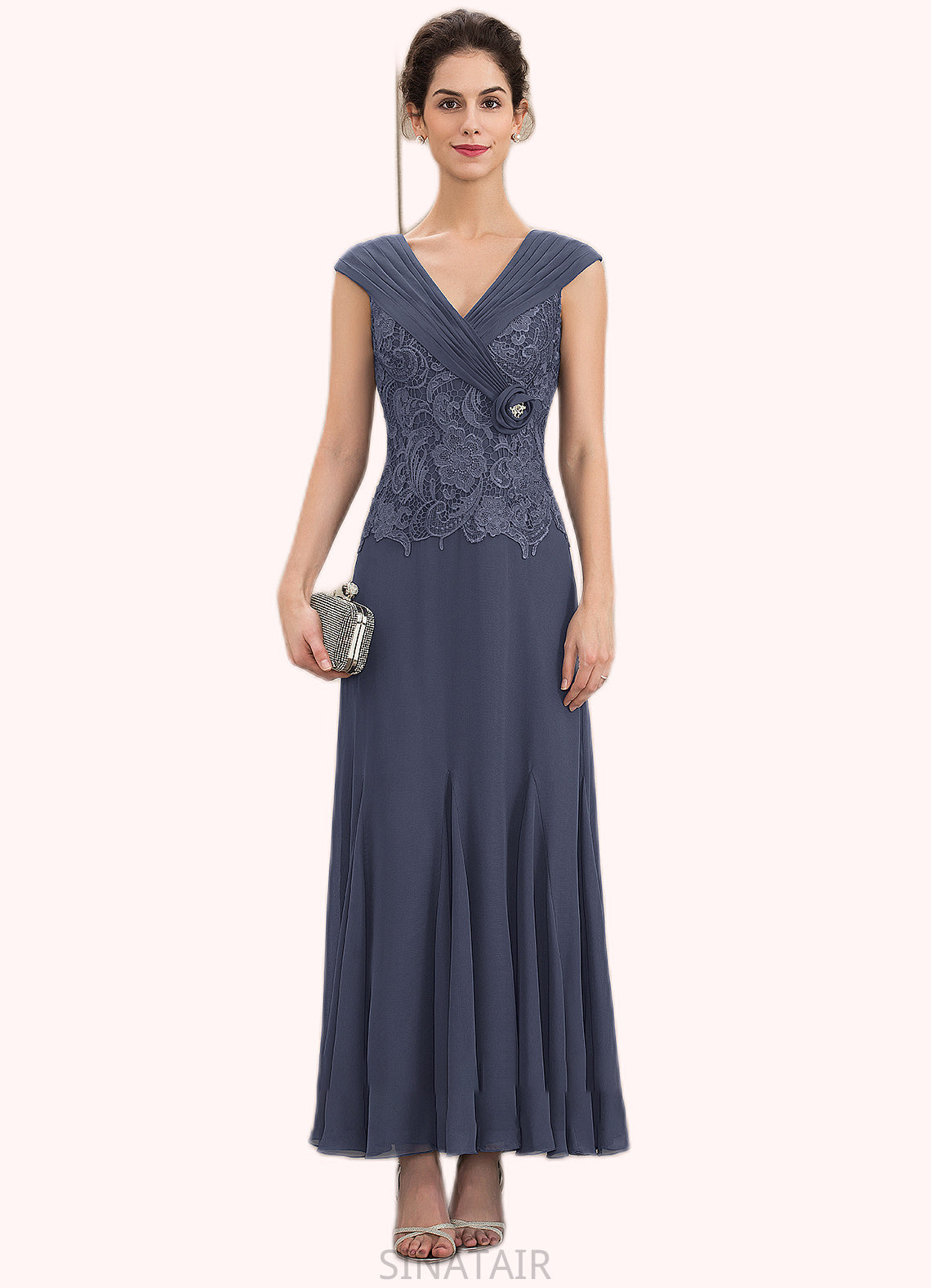 Abbie A-Line V-neck Ankle-Length Chiffon Lace Mother of the Bride Dress With Ruffle Beading DH126P0014971