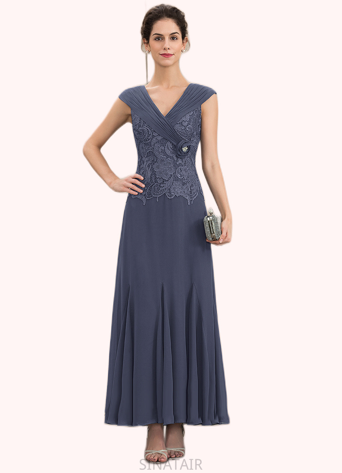 Abbie A-Line V-neck Ankle-Length Chiffon Lace Mother of the Bride Dress With Ruffle Beading DH126P0014971