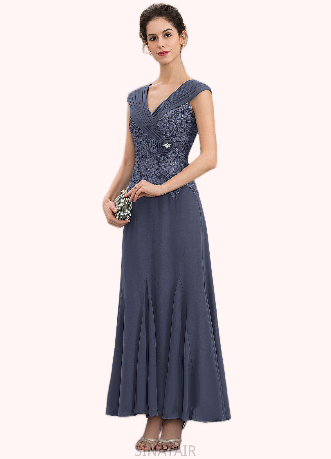 Abbie A-Line V-neck Ankle-Length Chiffon Lace Mother of the Bride Dress With Ruffle Beading DH126P0014971