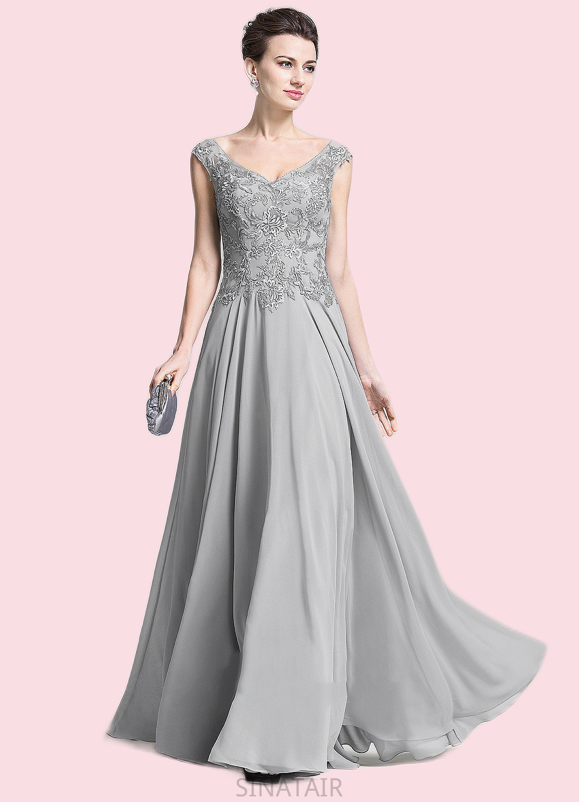 Estrella A-Line V-neck Floor-Length Chiffon Mother of the Bride Dress With Appliques Lace DH126P0014974