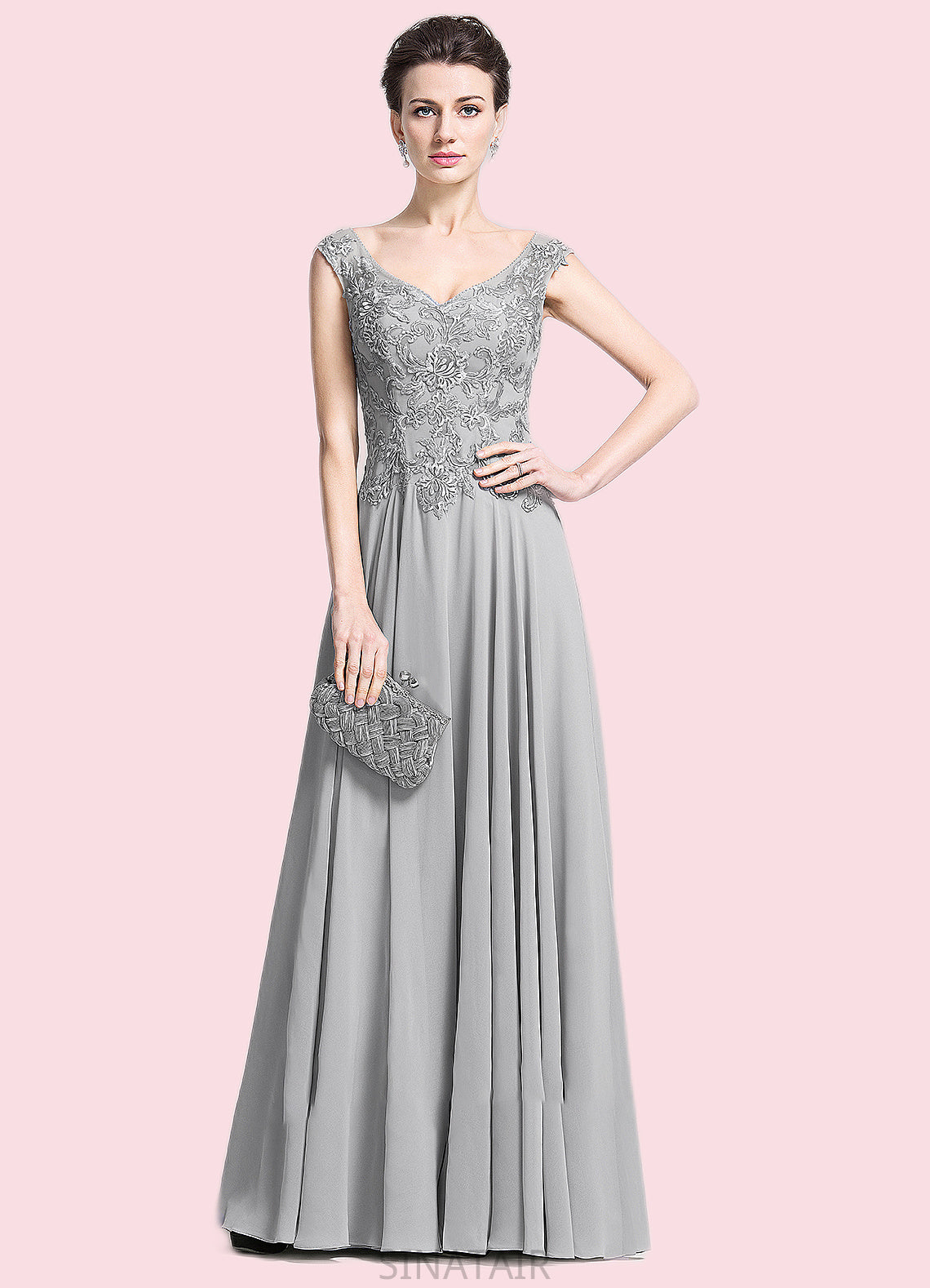 Estrella A-Line V-neck Floor-Length Chiffon Mother of the Bride Dress With Appliques Lace DH126P0014974