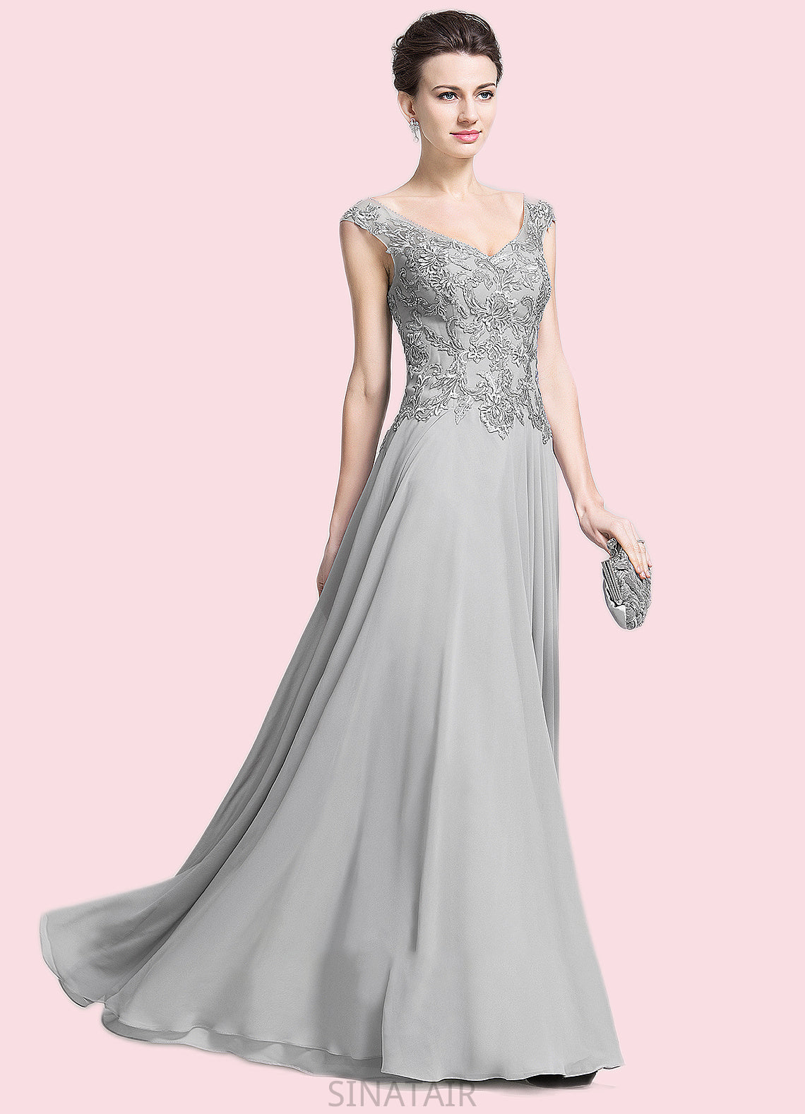 Estrella A-Line V-neck Floor-Length Chiffon Mother of the Bride Dress With Appliques Lace DH126P0014974