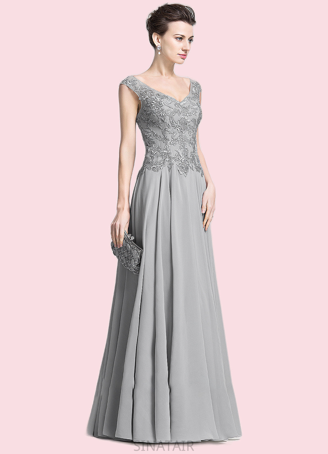 Estrella A-Line V-neck Floor-Length Chiffon Mother of the Bride Dress With Appliques Lace DH126P0014974