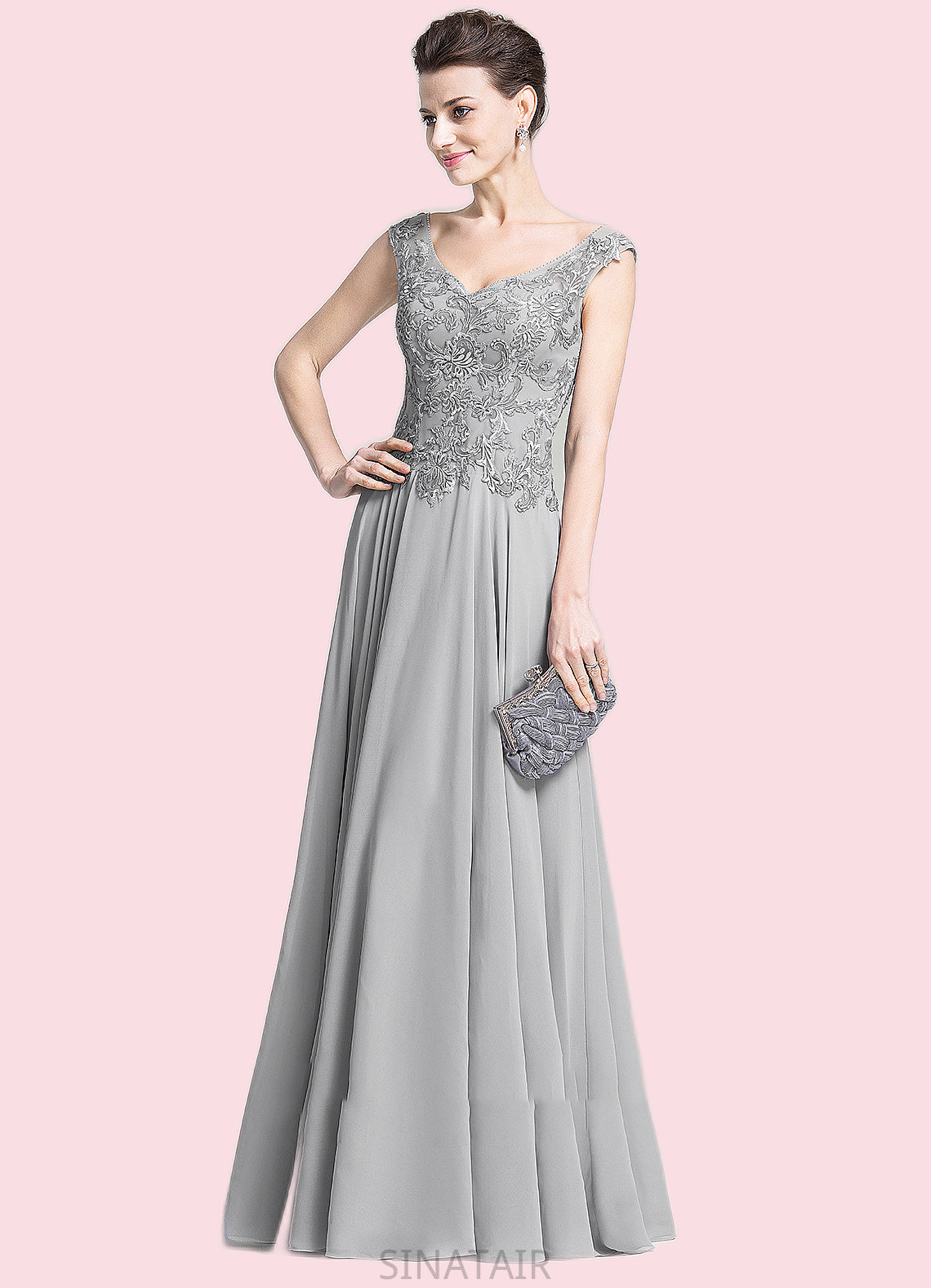 Estrella A-Line V-neck Floor-Length Chiffon Mother of the Bride Dress With Appliques Lace DH126P0014974