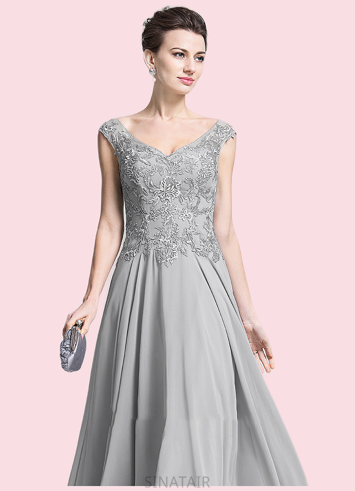 Estrella A-Line V-neck Floor-Length Chiffon Mother of the Bride Dress With Appliques Lace DH126P0014974