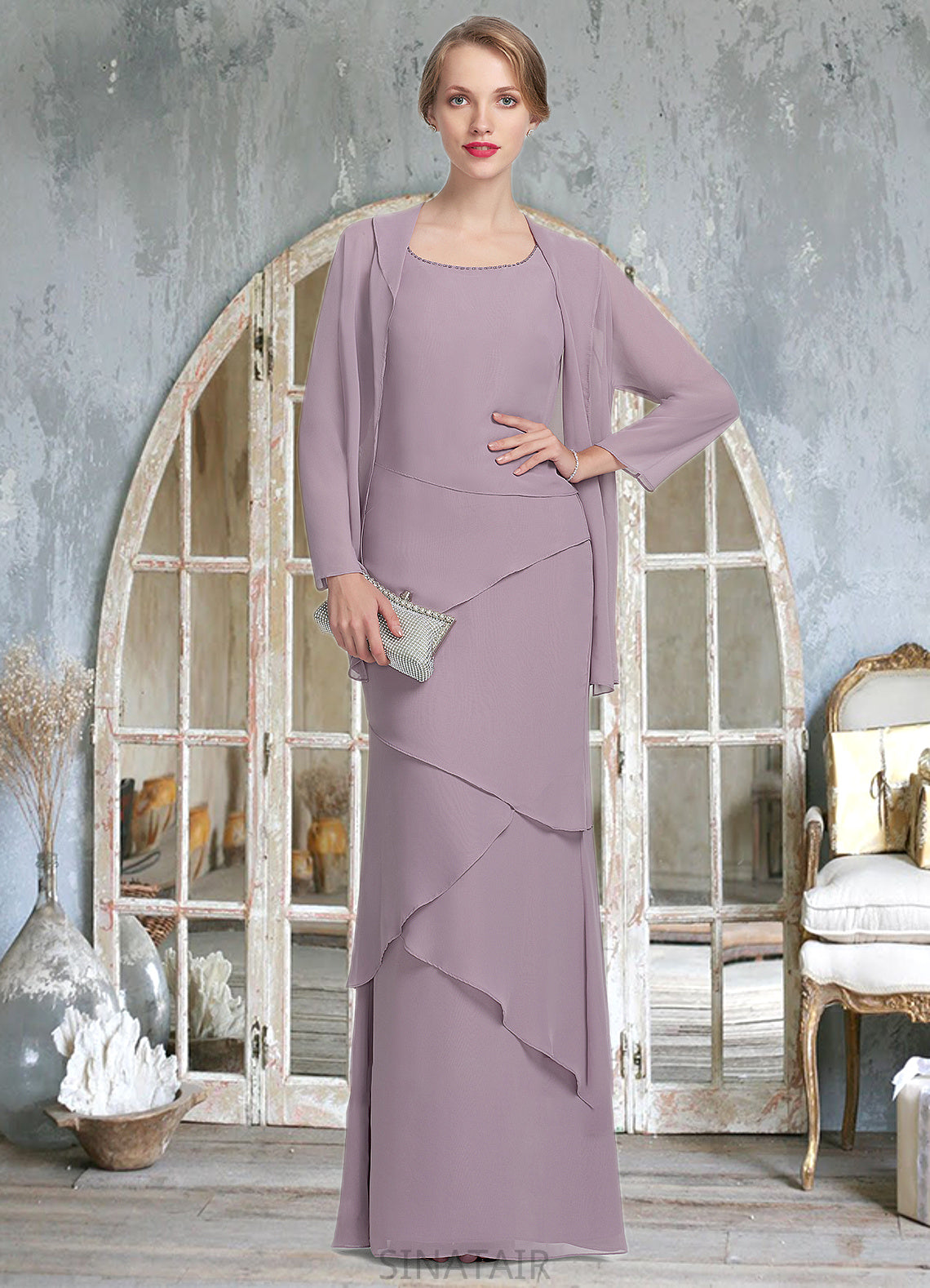 Polly Sheath/Column Scoop Neck Floor-Length Chiffon Mother of the Bride Dress With Beading Cascading Ruffles DH126P0014975