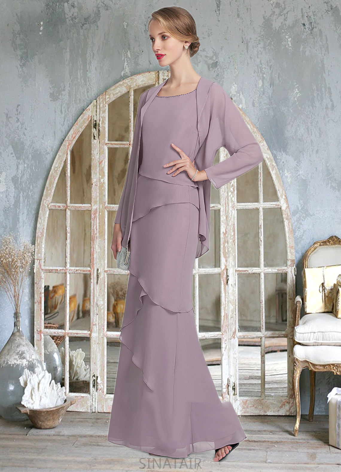 Polly Sheath/Column Scoop Neck Floor-Length Chiffon Mother of the Bride Dress With Beading Cascading Ruffles DH126P0014975