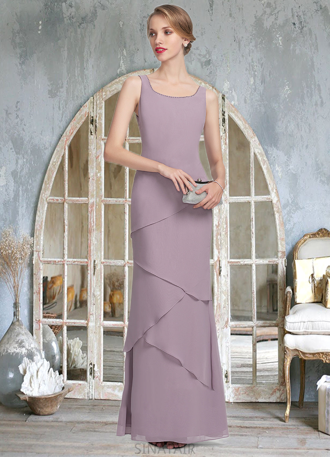 Polly Sheath/Column Scoop Neck Floor-Length Chiffon Mother of the Bride Dress With Beading Cascading Ruffles DH126P0014975