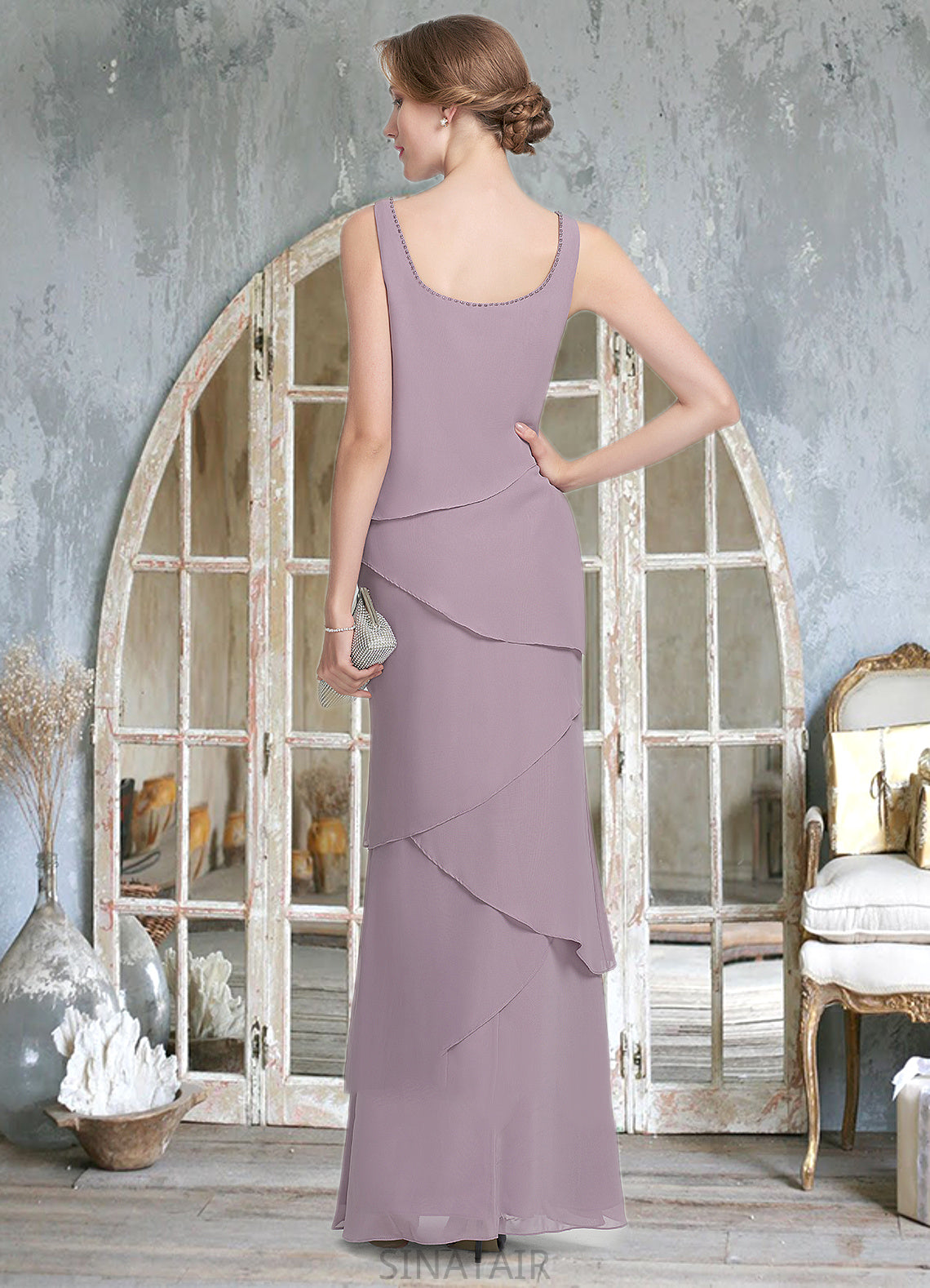 Polly Sheath/Column Scoop Neck Floor-Length Chiffon Mother of the Bride Dress With Beading Cascading Ruffles DH126P0014975