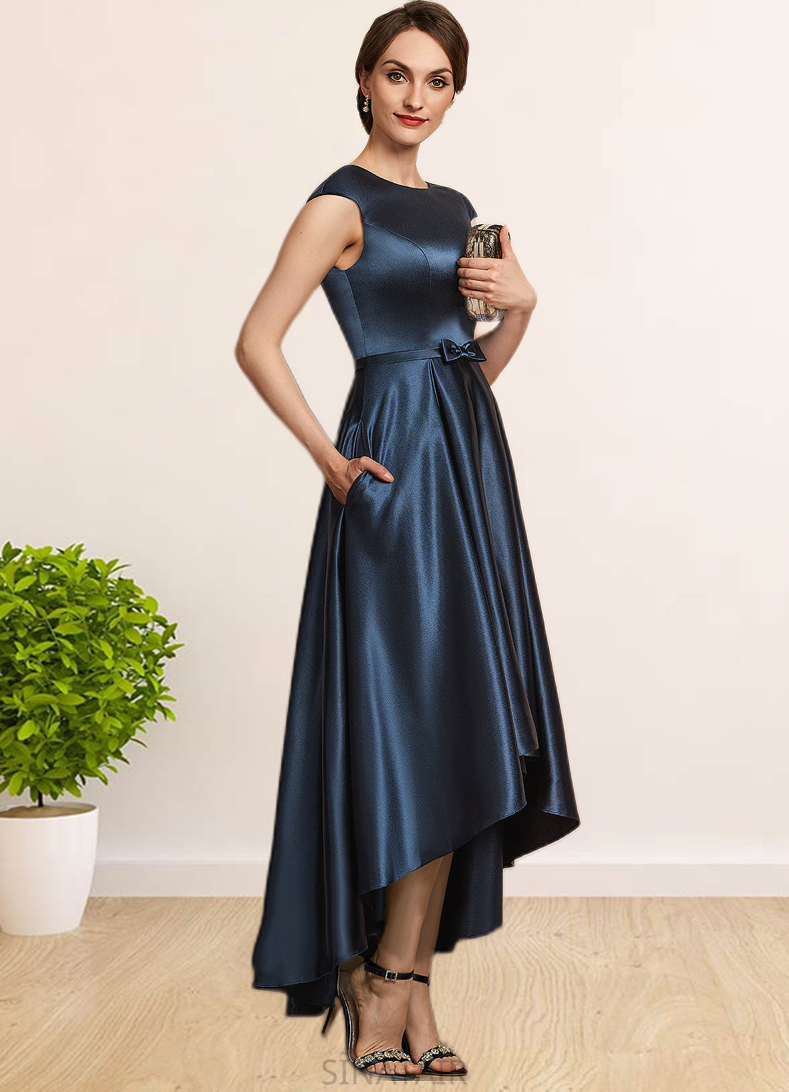 Camila A-Line Scoop Neck Asymmetrical Satin Mother of the Bride Dress With Bow(s) Pockets DH126P0014976