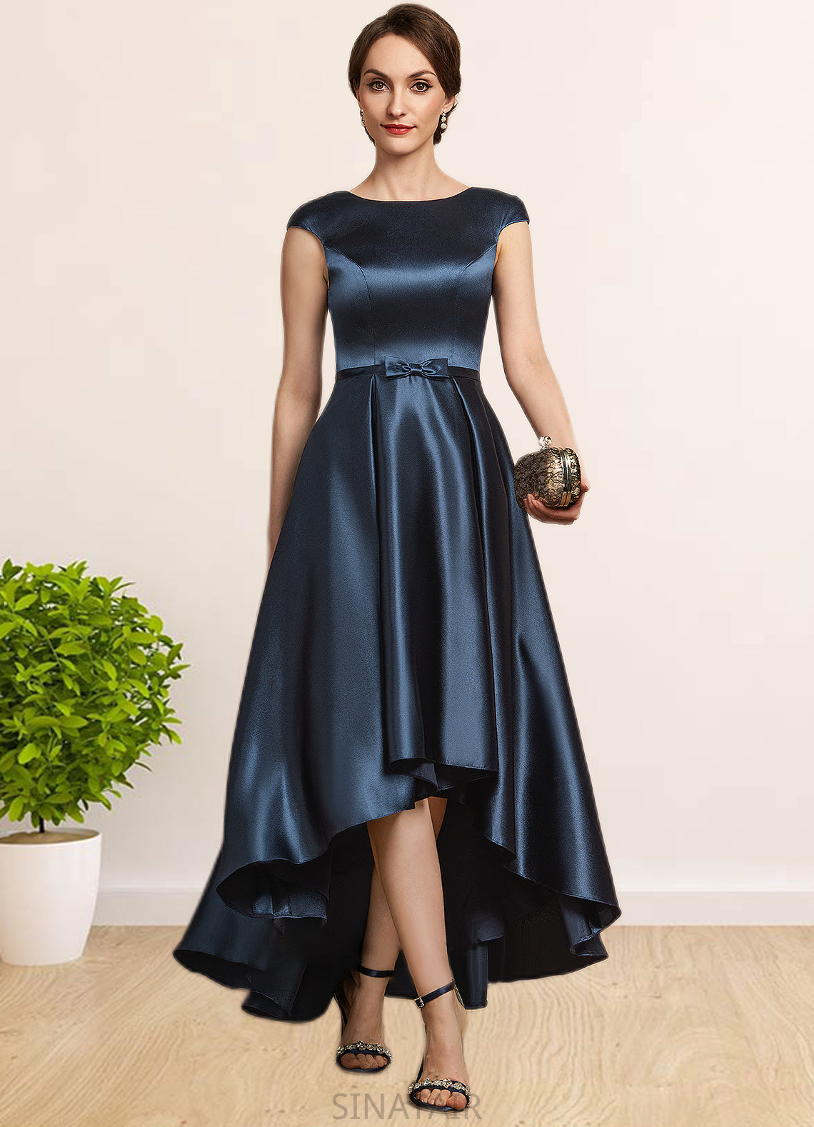 Camila A-Line Scoop Neck Asymmetrical Satin Mother of the Bride Dress With Bow(s) Pockets DH126P0014976