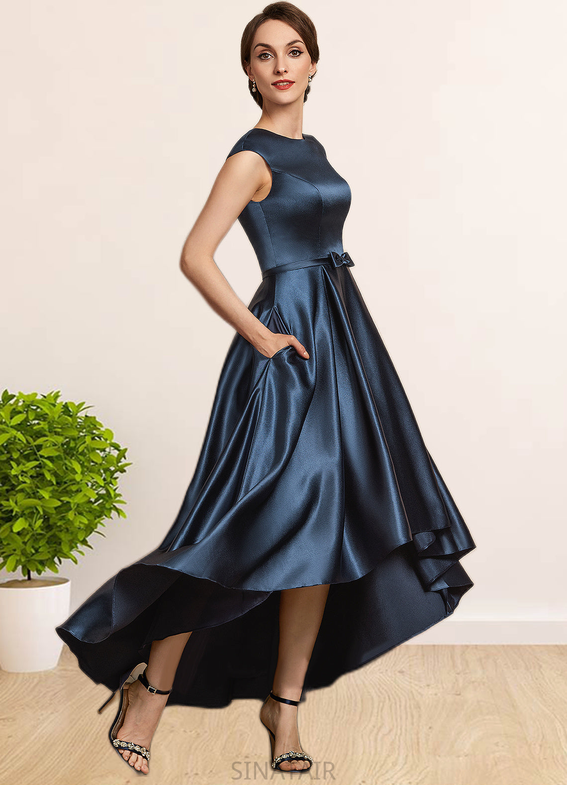 Camila A-Line Scoop Neck Asymmetrical Satin Mother of the Bride Dress With Bow(s) Pockets DH126P0014976