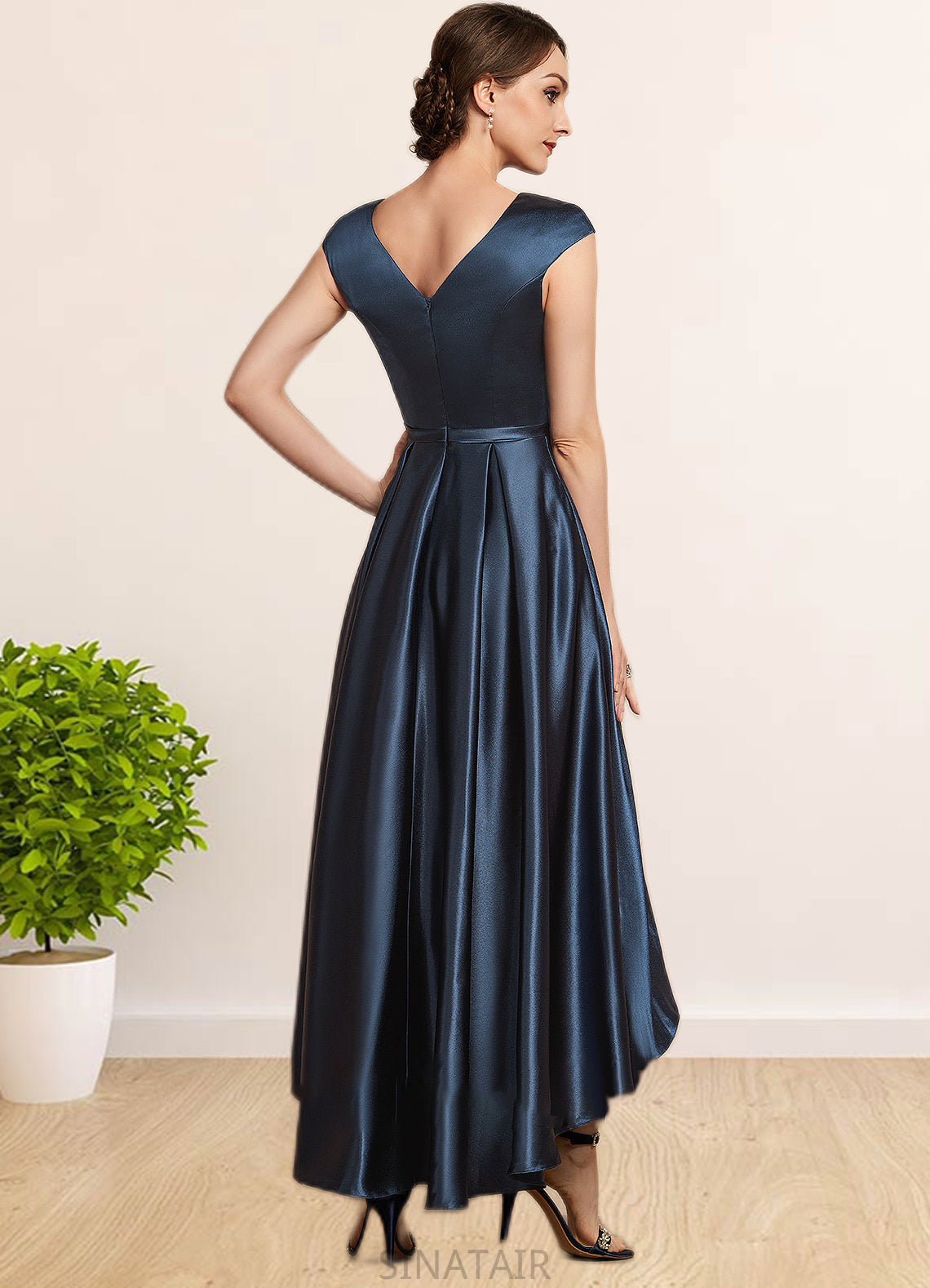 Camila A-Line Scoop Neck Asymmetrical Satin Mother of the Bride Dress With Bow(s) Pockets DH126P0014976