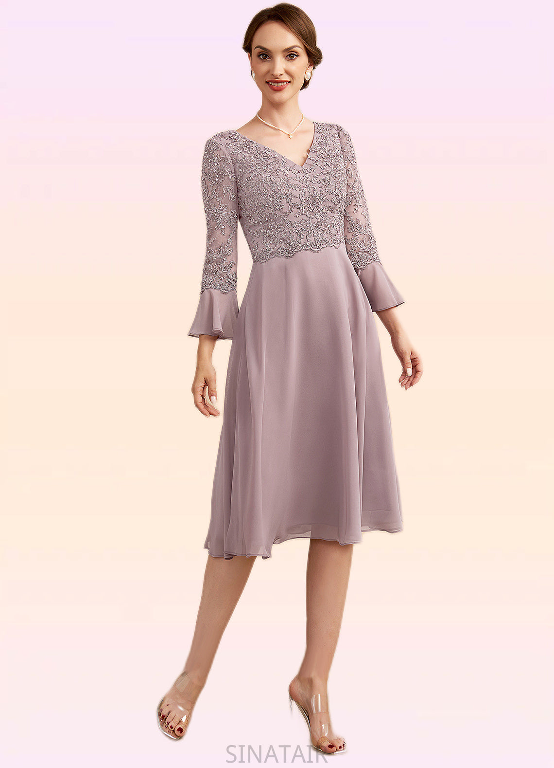 Serenity A-Line V-neck Knee-Length Chiffon Lace Mother of the Bride Dress With Sequins Cascading Ruffles DH126P0014977