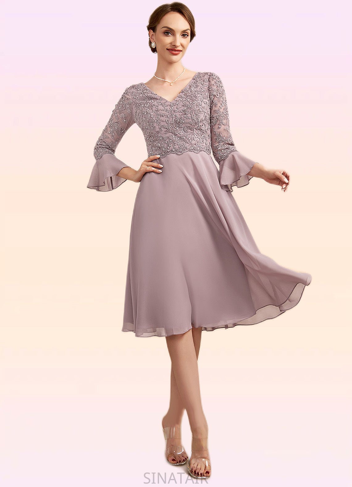 Serenity A-Line V-neck Knee-Length Chiffon Lace Mother of the Bride Dress With Sequins Cascading Ruffles DH126P0014977