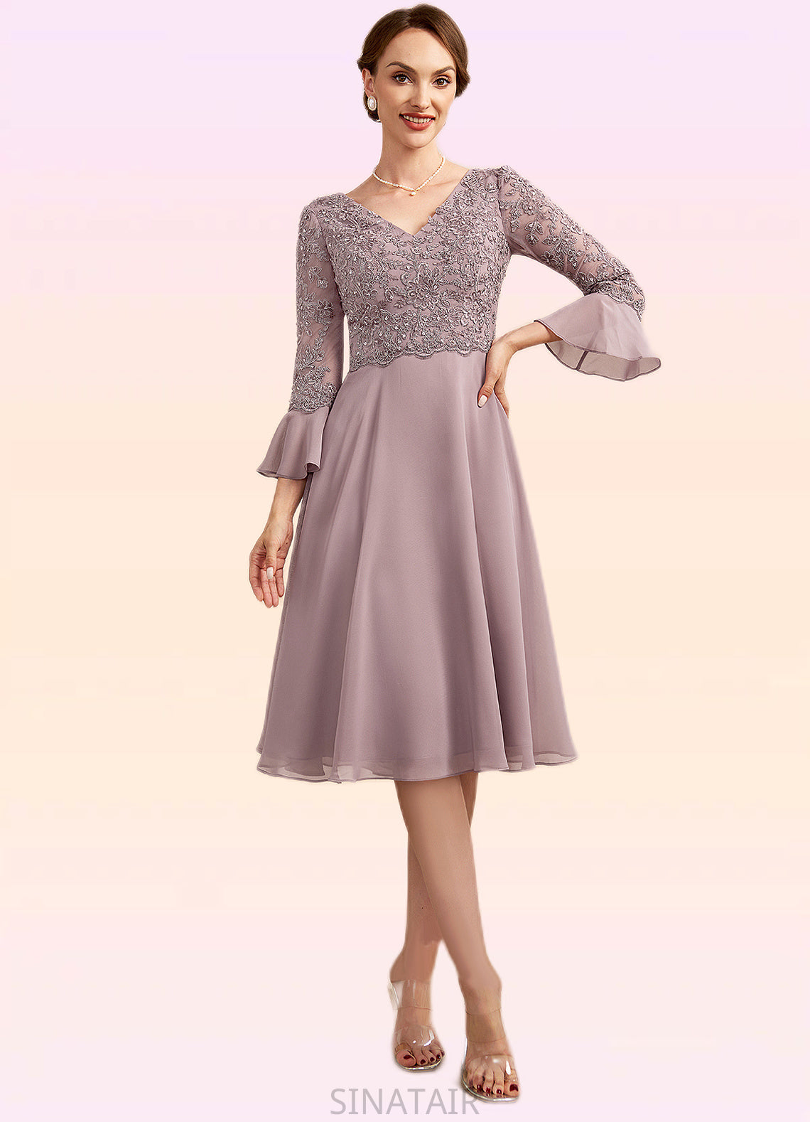 Serenity A-Line V-neck Knee-Length Chiffon Lace Mother of the Bride Dress With Sequins Cascading Ruffles DH126P0014977