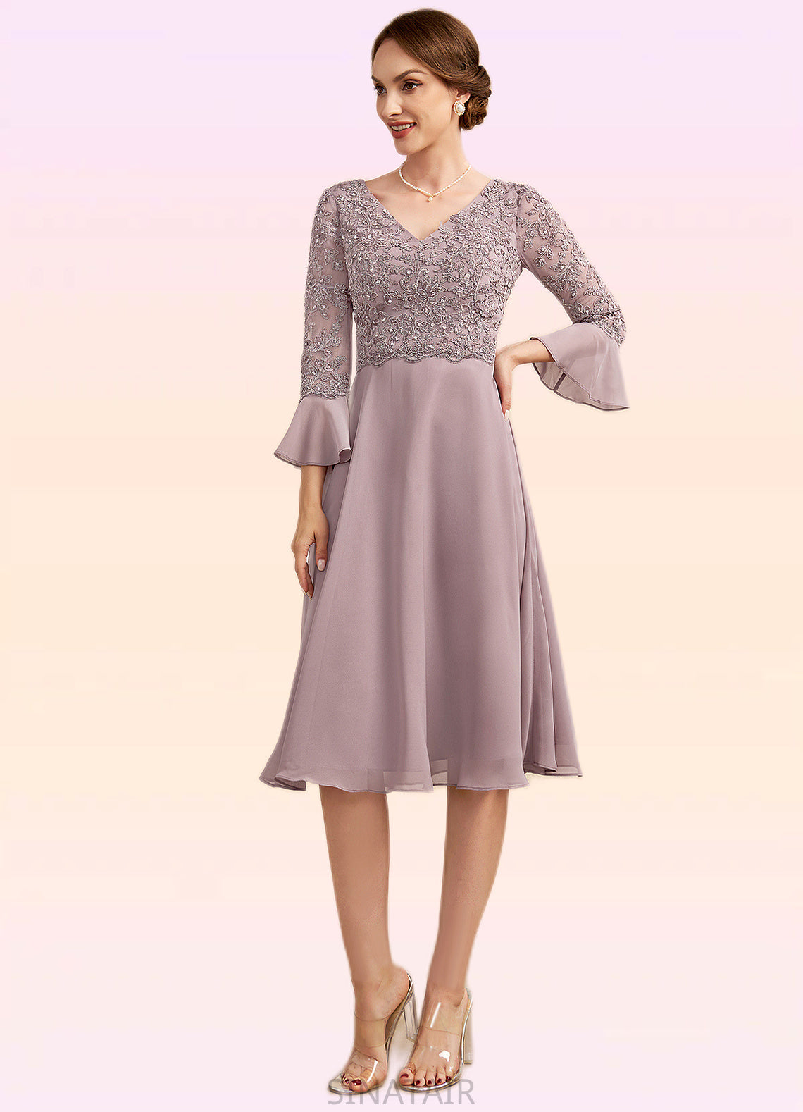 Serenity A-Line V-neck Knee-Length Chiffon Lace Mother of the Bride Dress With Sequins Cascading Ruffles DH126P0014977