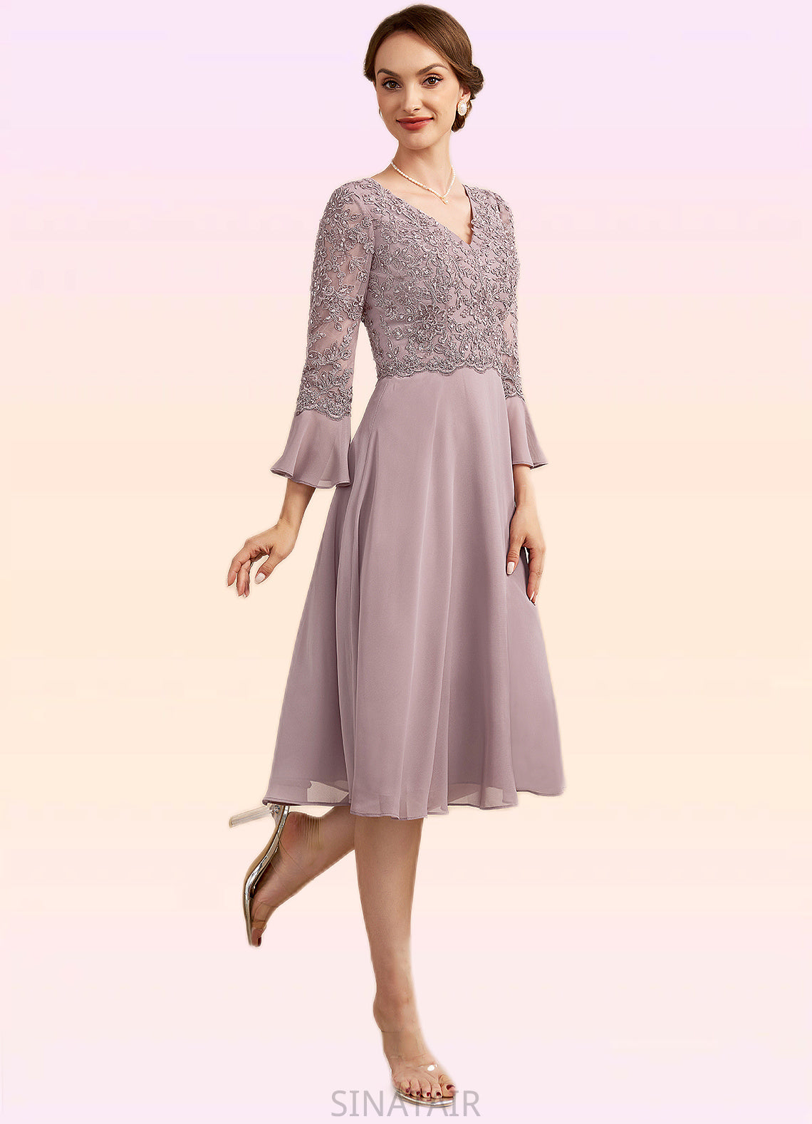 Serenity A-Line V-neck Knee-Length Chiffon Lace Mother of the Bride Dress With Sequins Cascading Ruffles DH126P0014977