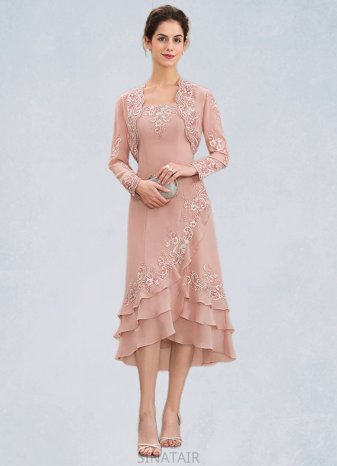 Heidy A-Line Square Neckline Asymmetrical Chiffon Mother of the Bride Dress With Appliques Lace Cascading Ruffles DH126P0014978