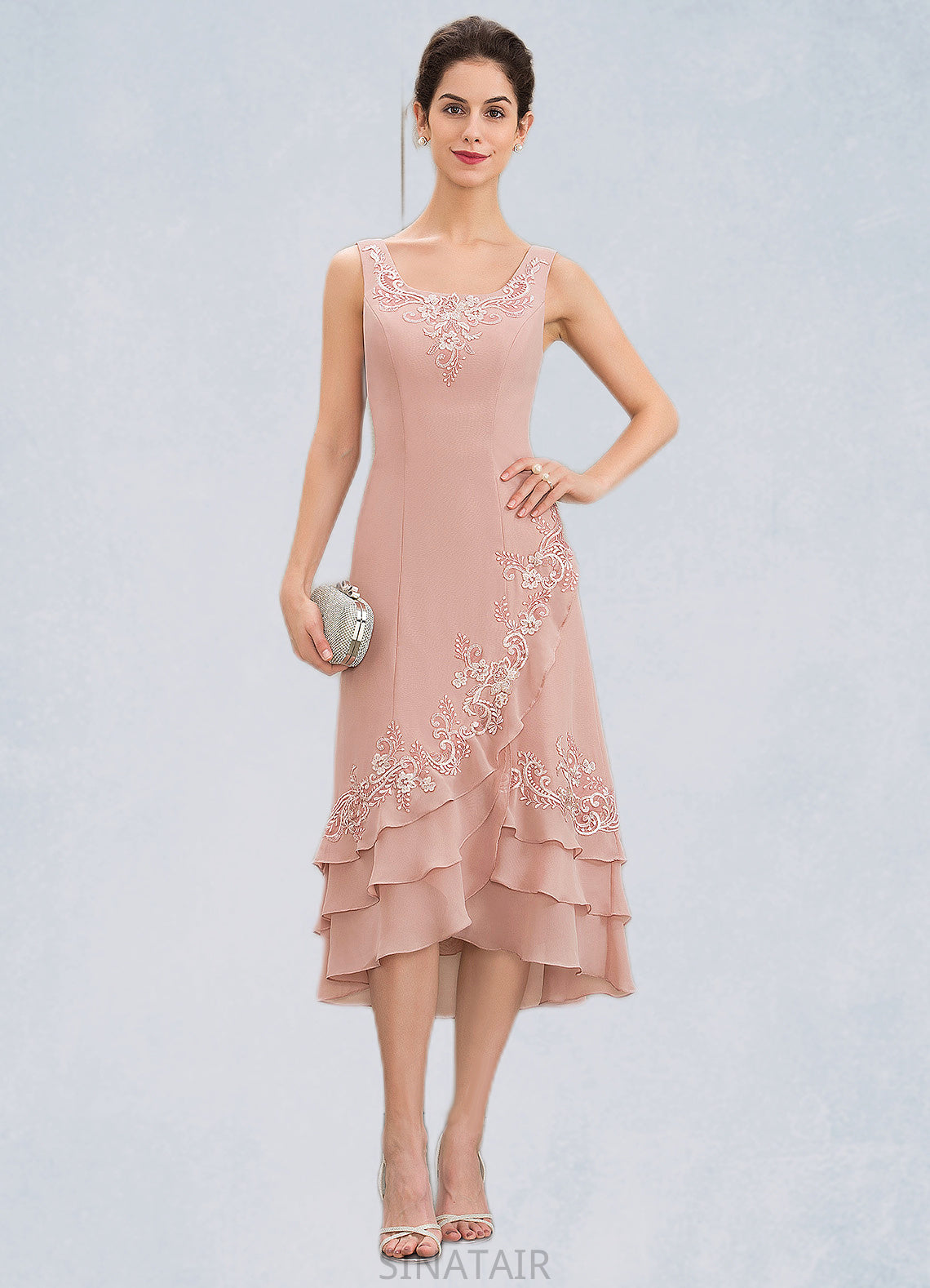 Heidy A-Line Square Neckline Asymmetrical Chiffon Mother of the Bride Dress With Appliques Lace Cascading Ruffles DH126P0014978