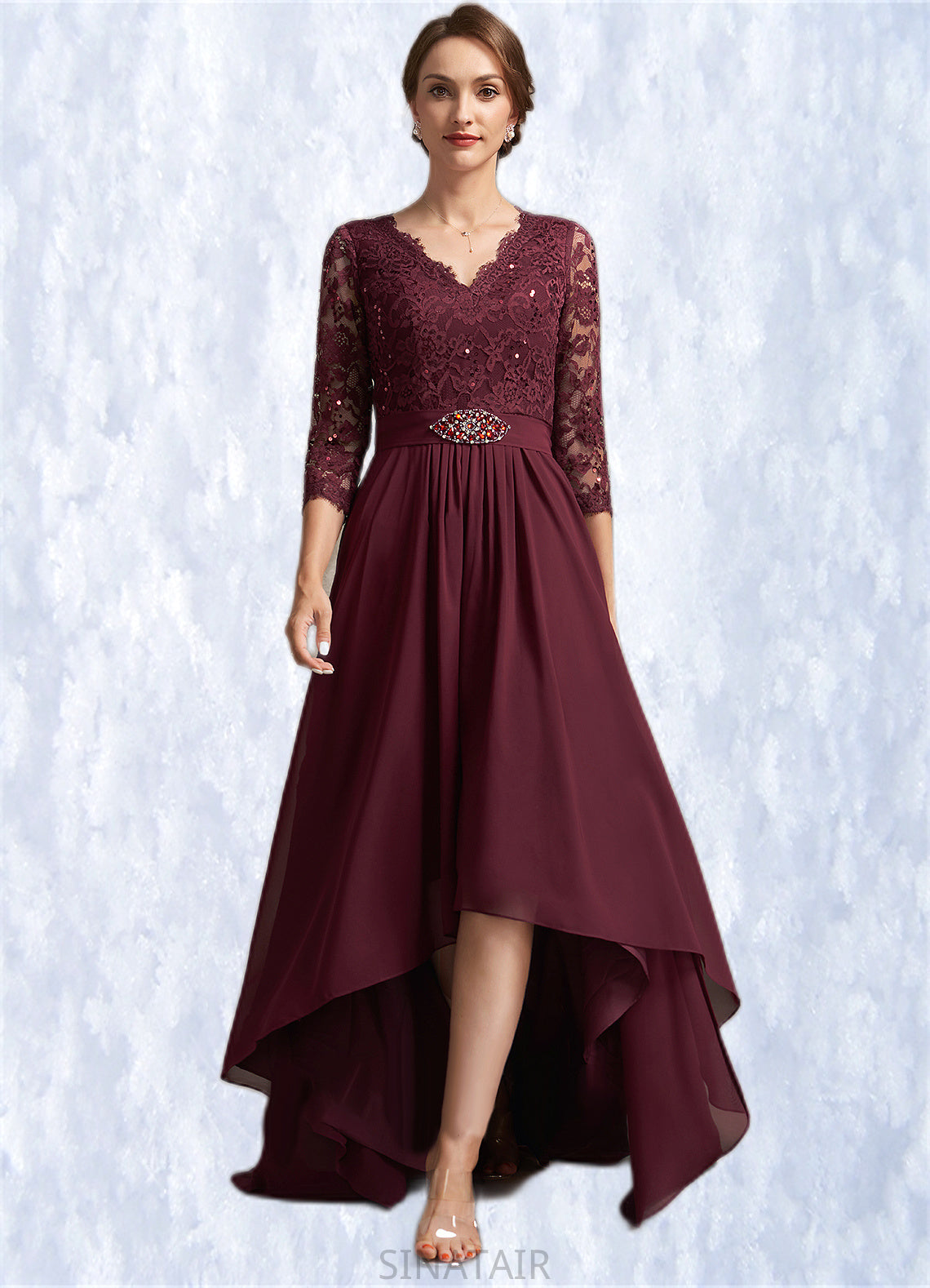 Gemma A-Line V-neck Asymmetrical Chiffon Lace Mother of the Bride Dress With Beading Sequins DH126P0014980