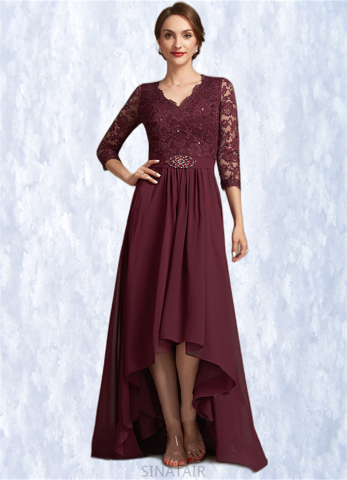 Gemma A-Line V-neck Asymmetrical Chiffon Lace Mother of the Bride Dress With Beading Sequins DH126P0014980