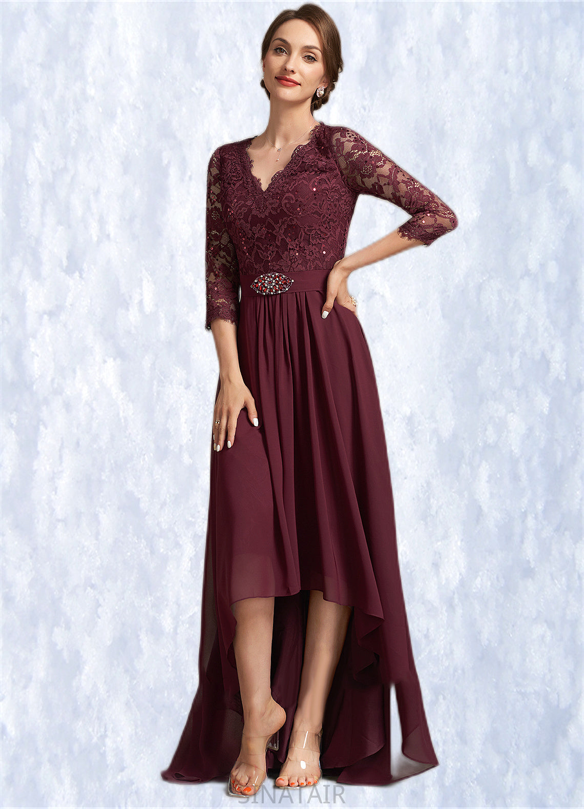 Gemma A-Line V-neck Asymmetrical Chiffon Lace Mother of the Bride Dress With Beading Sequins DH126P0014980