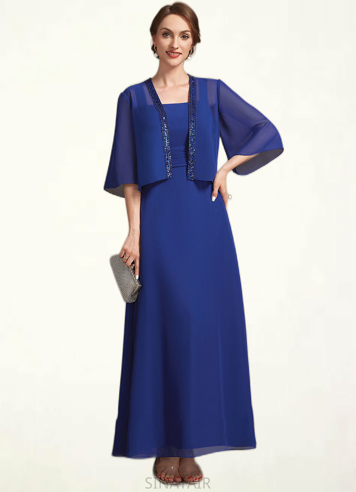 Sharon A-Line Square Neckline Ankle-Length Chiffon Mother of the Bride Dress With Ruffle DH126P0014982