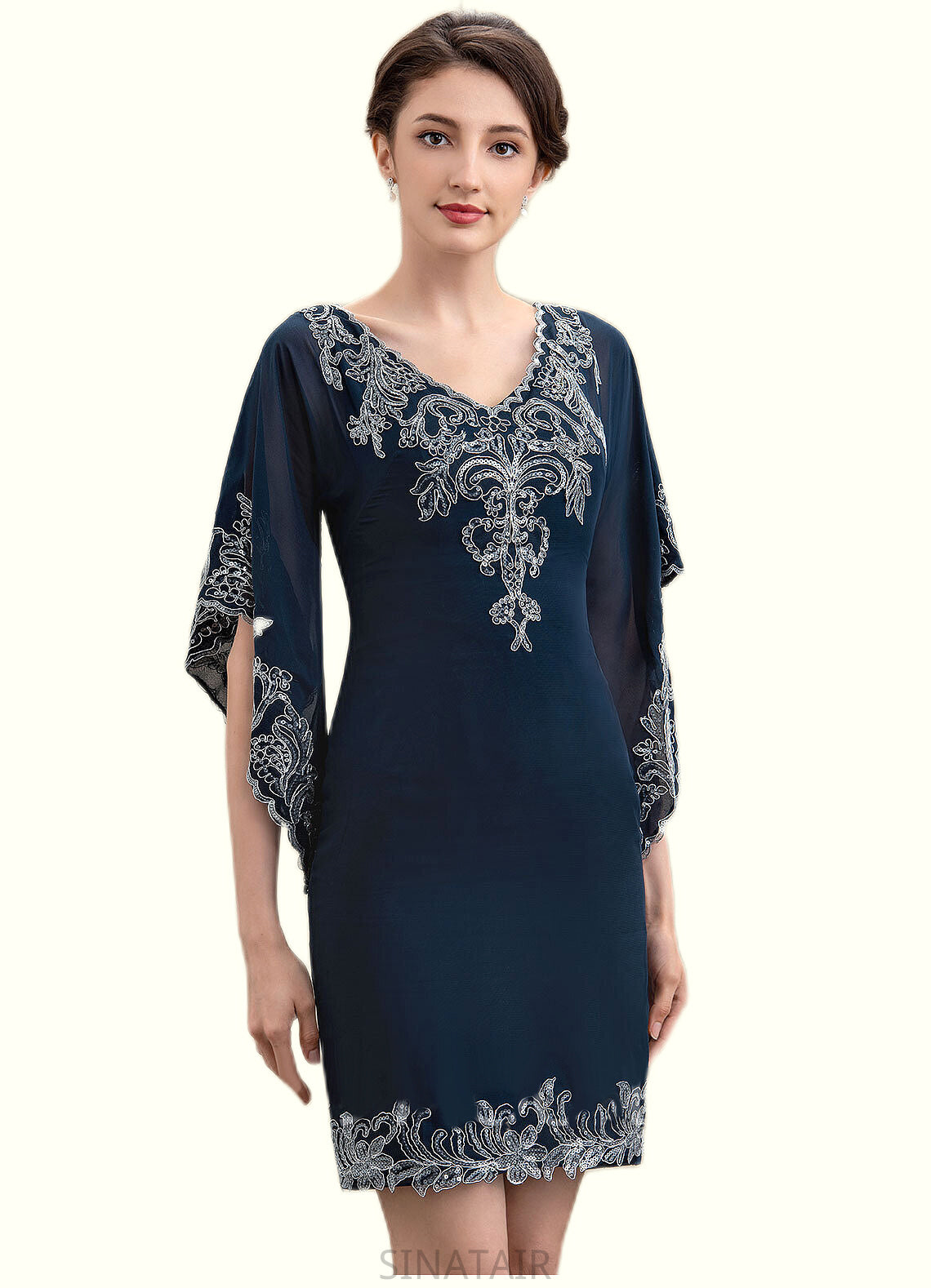 Hilda Sheath/Column V-neck Knee-Length Chiffon Lace Mother of the Bride Dress With Sequins DH126P0014983