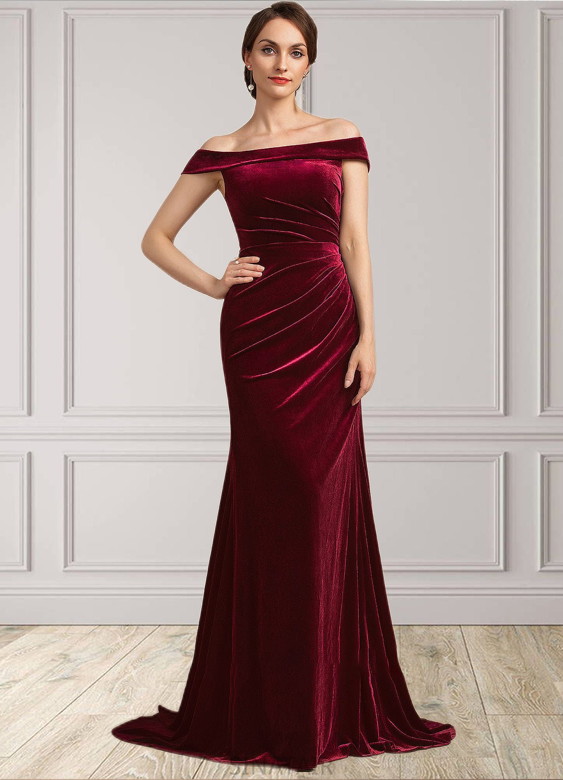 Pat Trumpet/Mermaid Off-the-Shoulder Sweep Train Velvet Mother of the Bride Dress With Ruffle DH126P0014988