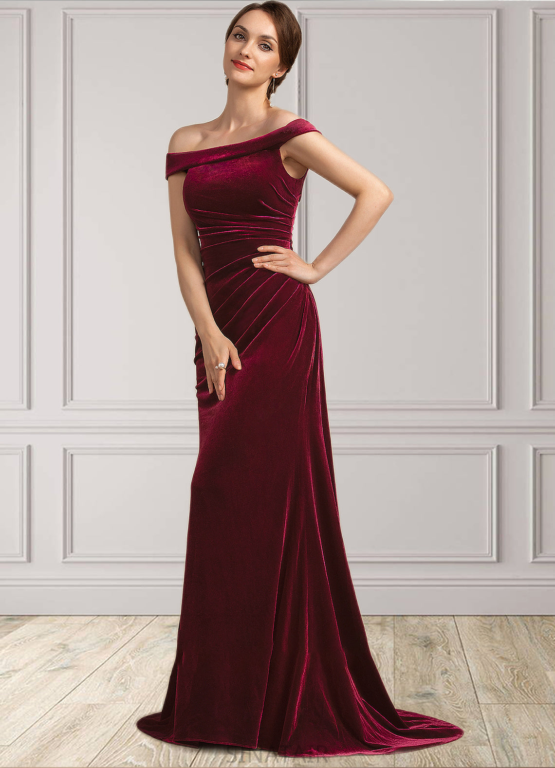 Pat Trumpet/Mermaid Off-the-Shoulder Sweep Train Velvet Mother of the Bride Dress With Ruffle DH126P0014988