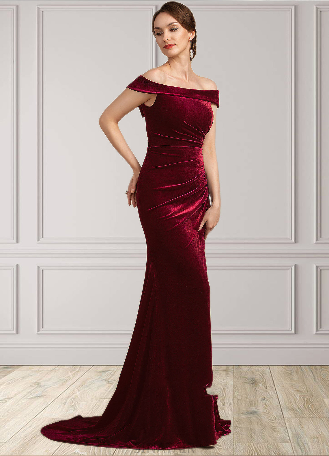 Pat Trumpet/Mermaid Off-the-Shoulder Sweep Train Velvet Mother of the Bride Dress With Ruffle DH126P0014988