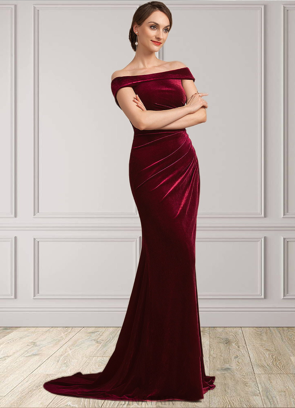 Pat Trumpet/Mermaid Off-the-Shoulder Sweep Train Velvet Mother of the Bride Dress With Ruffle DH126P0014988