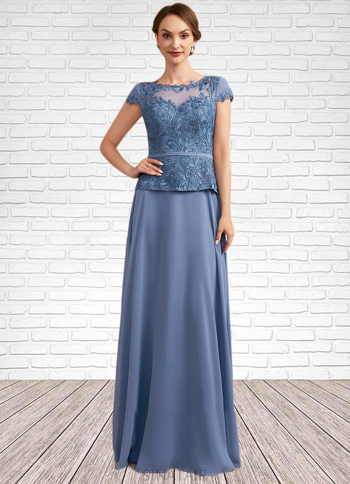 Destiney A-Line Scoop Neck Floor-Length Chiffon Lace Mother of the Bride Dress DH126P0014989