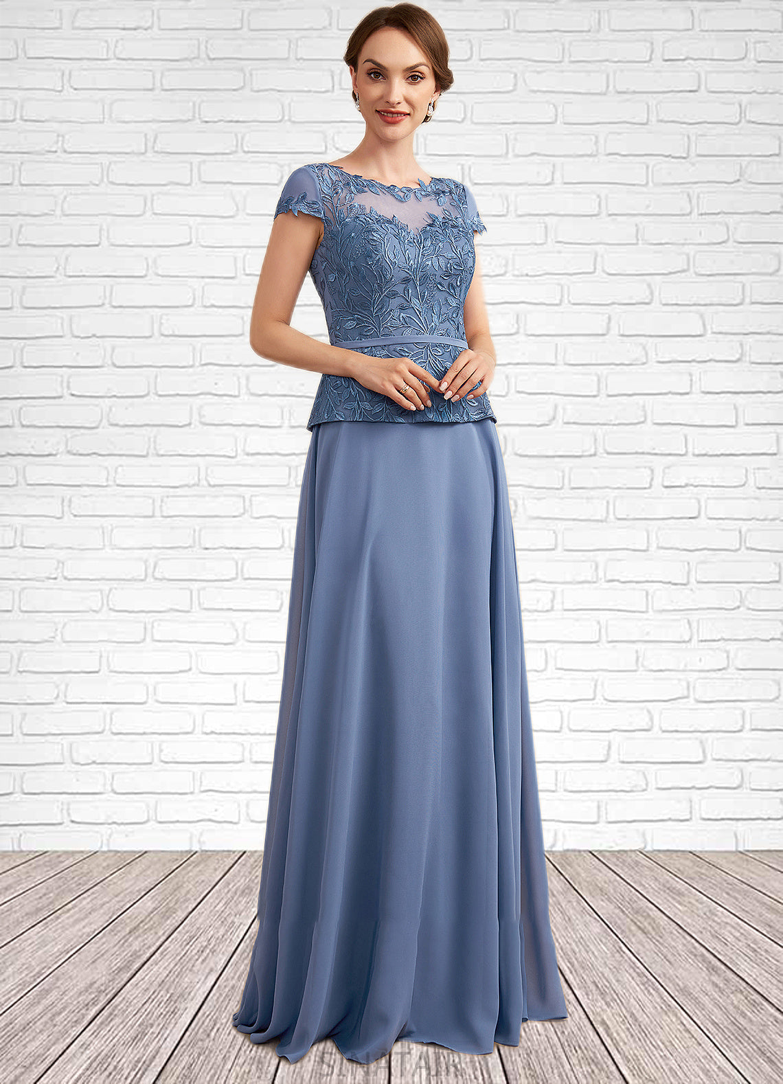 Destiney A-Line Scoop Neck Floor-Length Chiffon Lace Mother of the Bride Dress DH126P0014989